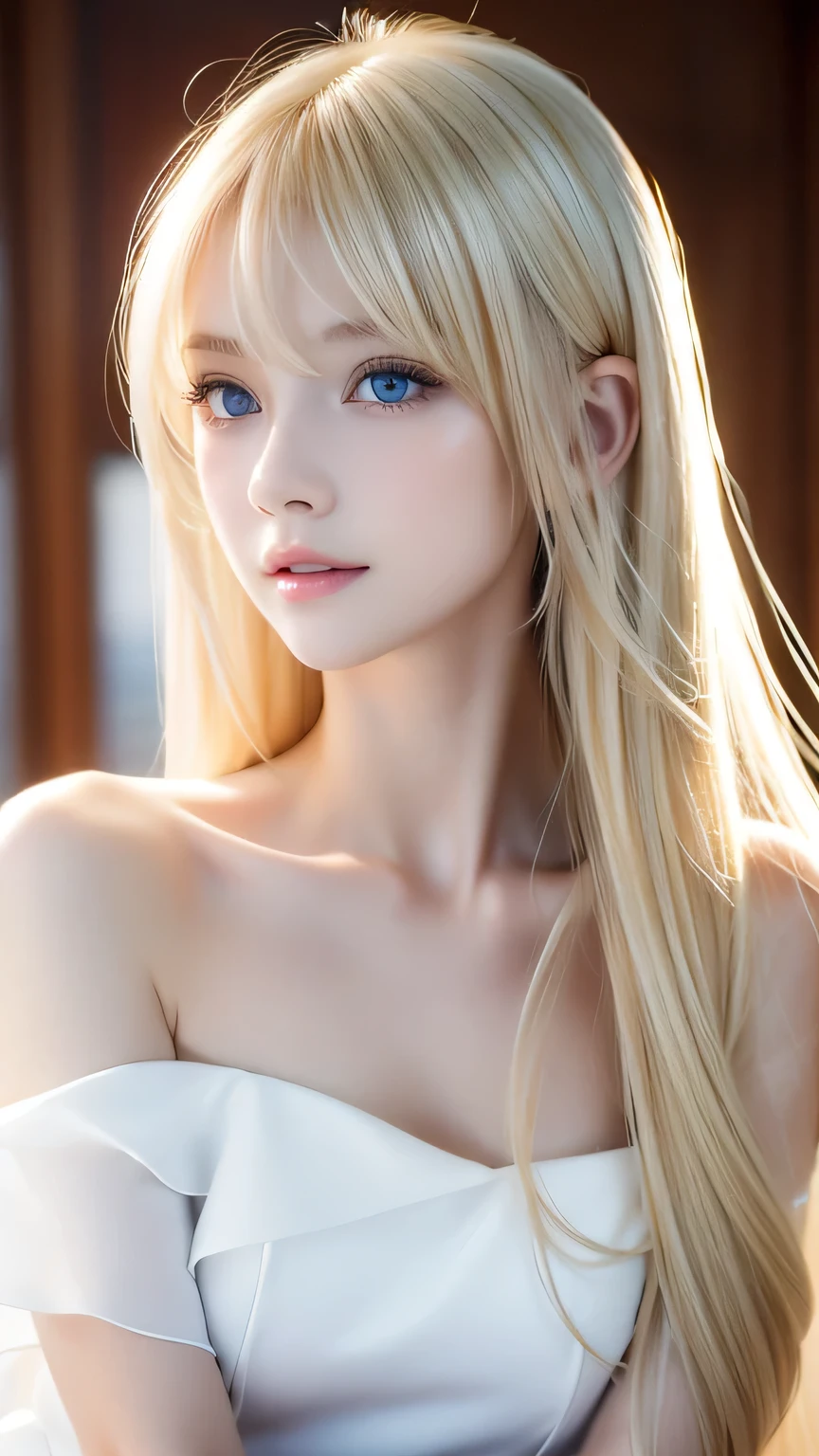 8k,Highest quality,The real picture,Intricate details,超A high resolution,Depth Field,Masseter muscle area,Natural soft light,Professional Lighting,1 girl,(cute:1.2),(Gothic Fashion),Bright expression,Young shiny glossy white glossy skin,The ultimate beauty,The ultimate beautiful blonde girl,The most beautiful platinum blonde hair in the world,Shiny light blonde hair,Long silky blonde hair,Shiny beautiful bangs,Sparkling, clear and attractive blue eyes,Very beautiful, lovely, cute1, baby-faced blonde girl、Blond hair blowing in the wind、Off the shoulder