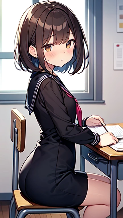 Let's think step by step,Highest quality, masterpiece, Ultra-high resolution, 8k,Show anime style ,Soft Line Art, Digital Enhancement, shojo anime touch, shojo manga core, Flowing fabric, close, Soft Drawing, Ultra-Definition Digital Anime Art, Clear facial depiction, Super detailed girl cartoon character art, Ultra-detailed manga style, Highest qualityの色,
(((1People Women))),(A woman with short brown hair),Beautiful brown hair, (((Clear brown eyes))), Slightly chubby,Small breasts,The butt is small,Sailor suit,
(((She is sitting in a chair and studying at her desk.))),from side,Her serious gaze,(((looking down))),classroom,White curtains,Timetable on the wall。The day's duty is written on the blackboard,
