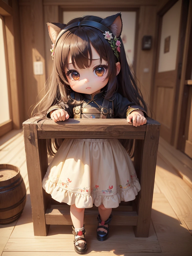 (((masterpiece､Highest quality､High resolution､Super detailed description､)))､(Chibi character&#39;s daughter:1.6)、3 heads､White Bob、Red Witch Hat、Luxury camisole with red frillicro Mini Skirt､Red, transparent knee socks､Rose Charm、smile、Full body standing、Alone､sitting at the church altar､(((Chubby､Big Breasts､very lush udder､Big Ass､)))､Red High Heels､Cat ears headband､