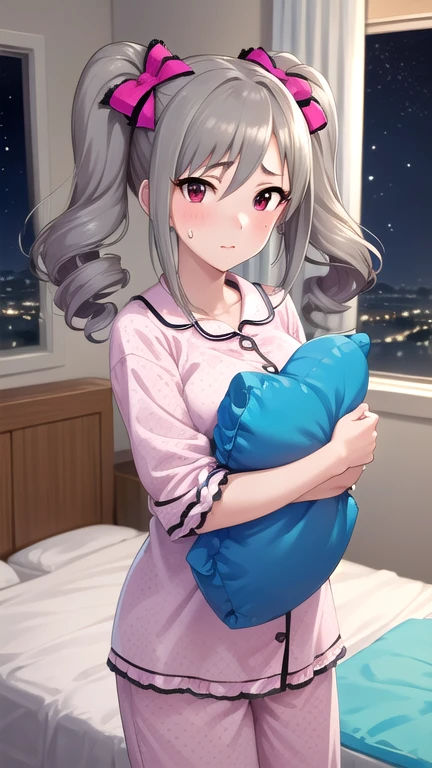 (masterpiece, best quality, detailed), 1girl, solo, looking at viewer, aaranko, long hair, twintails, twin drills, hair bow, medium breasts, pajamas, polka dot, indoors, bedroom, pillow, holding pillow, pillow hug, window, night sky, stuffed toy, messy room, curtains, closed mouth, blush, sweatdrop