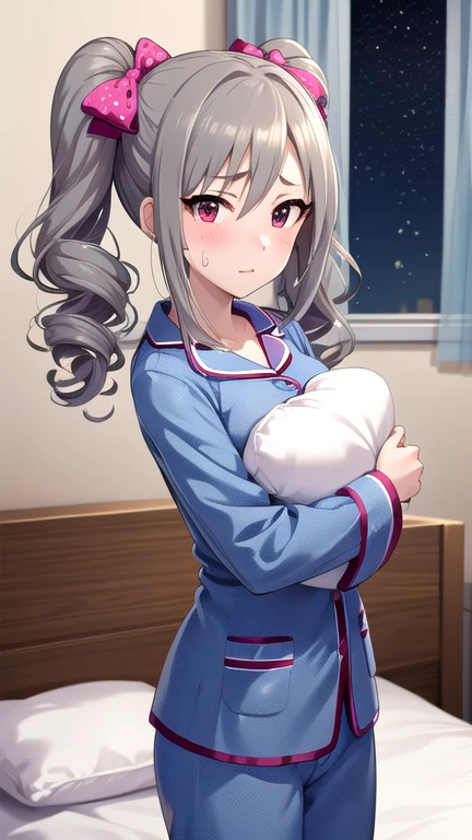 (masterpiece, best quality, detailed), 1girl, solo, looking at viewer, aaranko, long hair, twintails, twin drills, hair bow, medium breasts, pajamas, polka dot, indoors, bedroom, pillow, holding pillow, pillow hug, window, night sky, stuffed toy, messy room, curtains, closed mouth, blush, sweatdrop