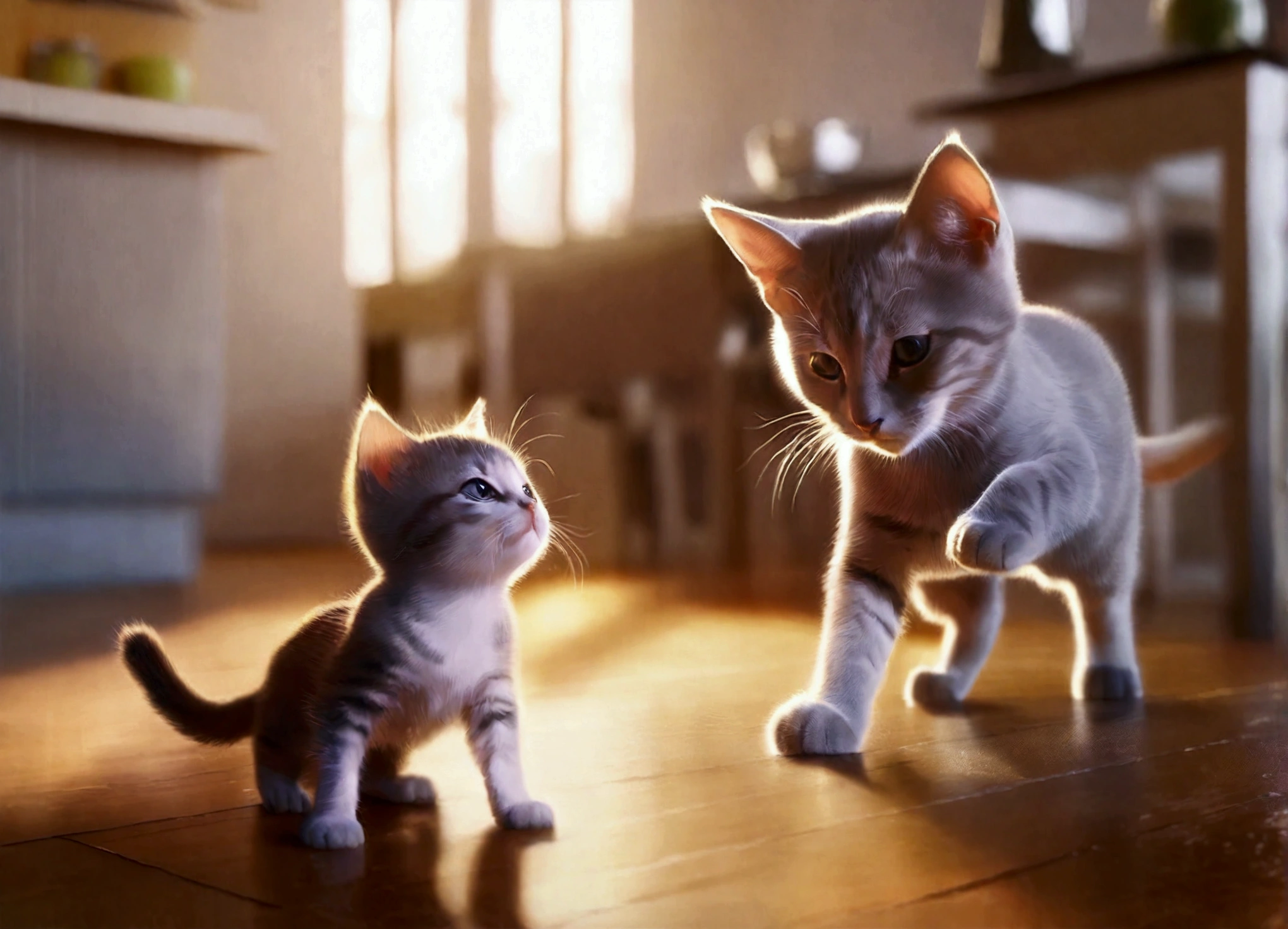a baby crawling on the floor, a curious kitten standing on hind legs, kitchen interior, hardwood floor, natural lighting, cozy atmosphere, playful interaction, adorable expressions, soft textures, warm tones, high detail, photorealistic, 8k, masterpiece