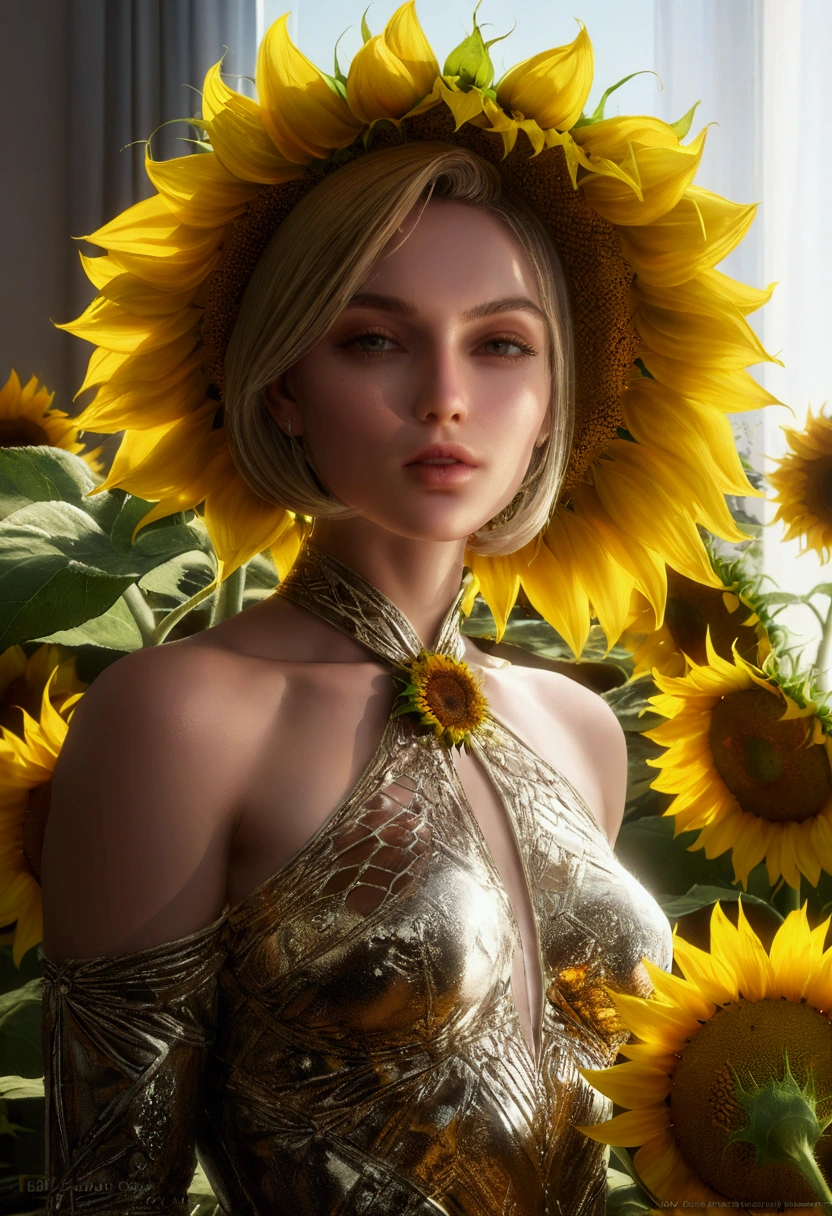 Many sunflowers, Sunlight，Foggy and mysterious，Ray Tracing, Realism，Ultra HD, Retina, masterpiece, precise, Super Detail, Anatomically correct, High Detail, high quality, The award-winning, best quality, high resolution, 16K