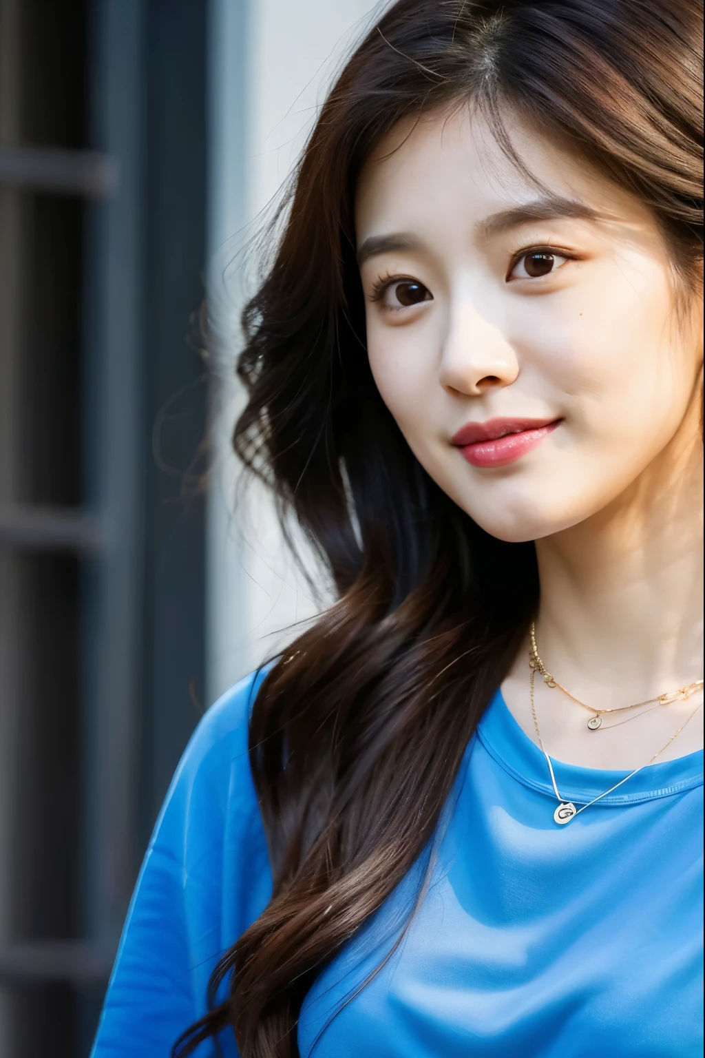 a close up of a person wearing a blue shirt and a chain necklace, lee ji - eun, lee ji-eun, park ji-min, jaeyeon nam, cute korean actress, heonhwa choe, hwang se - on, gongbi, female actress from korea, kim hyun joo, wan adorable korean face, shin min jeong