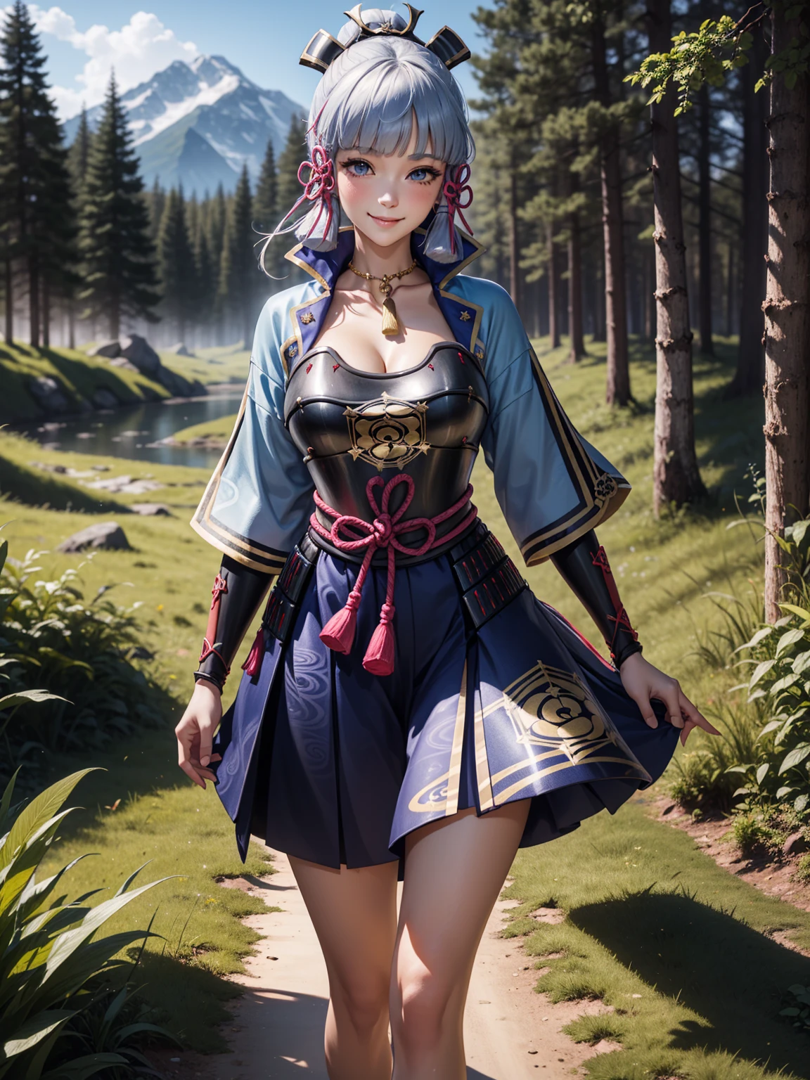(Kamisatoayakadef), slim body, narrow waist, blush, official art, detail eyes, cg, standing, forest, (expansive landscape photography:1.2),perfect body, smile, colourfull, (huge breasts)