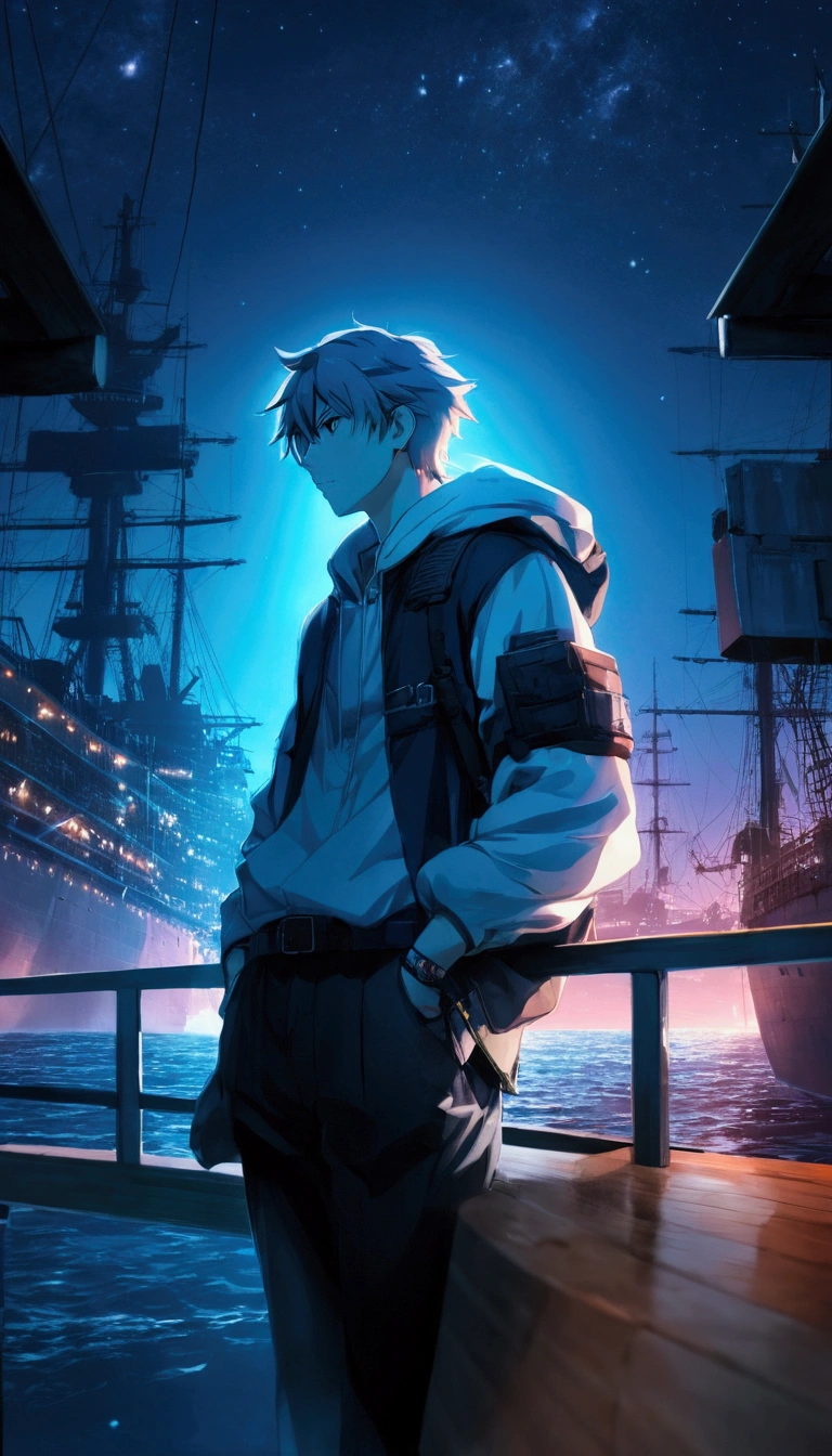 a man standing on a dock looking at a ship in the distance, anime style 4 k, 4k anime wallpaper, anime wallpaper 4 k, anime wallpaper 4k, anime art wallpaper 4 k, anime art wallpaper 4k, anime art wallpaper 8 k, anime boy, hd anime wallaper, badass anime 8 k, best anime 4k konachan wallpaper