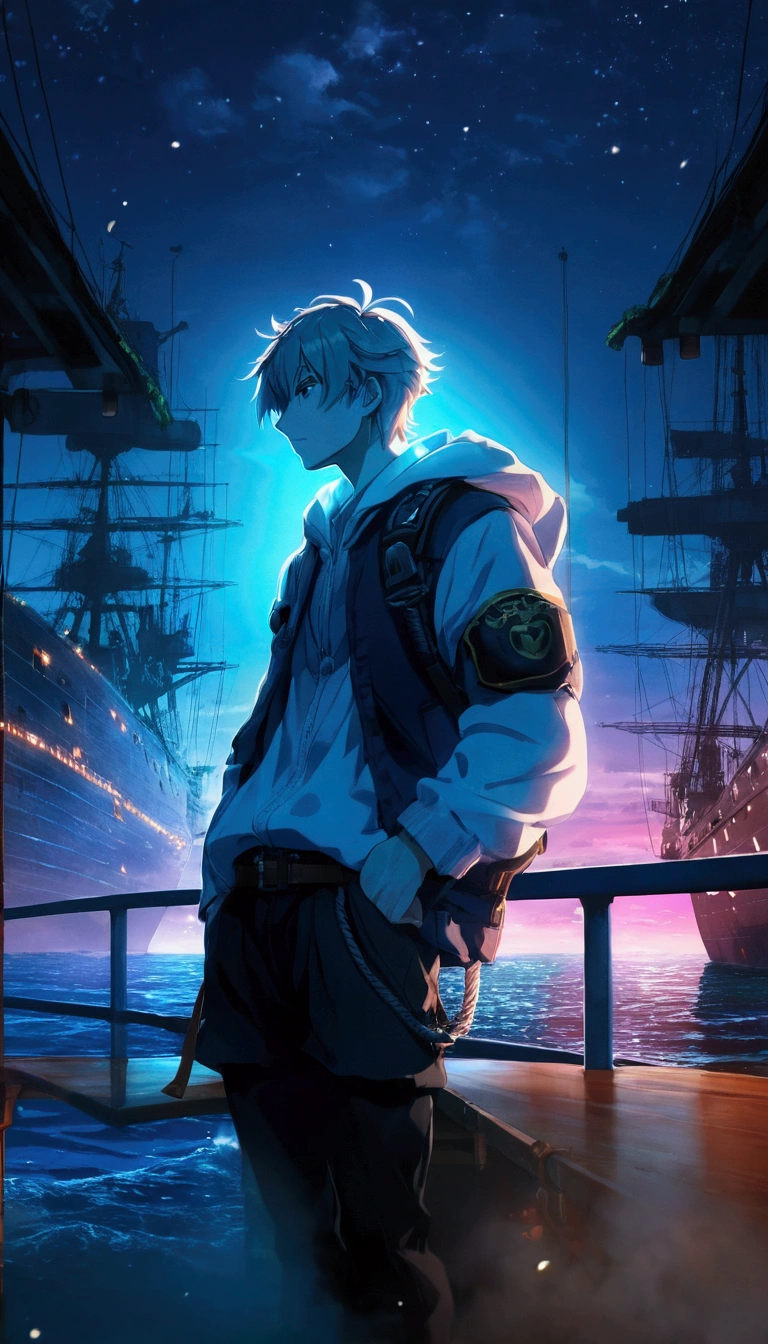 a man standing on a dock looking at a ship in the distance, anime style 4 k, 4k anime wallpaper, anime wallpaper 4 k, anime wallpaper 4k, anime art wallpaper 4 k, anime art wallpaper 4k, anime art wallpaper 8 k, anime boy, hd anime wallaper, badass anime 8 k, best anime 4k konachan wallpaper