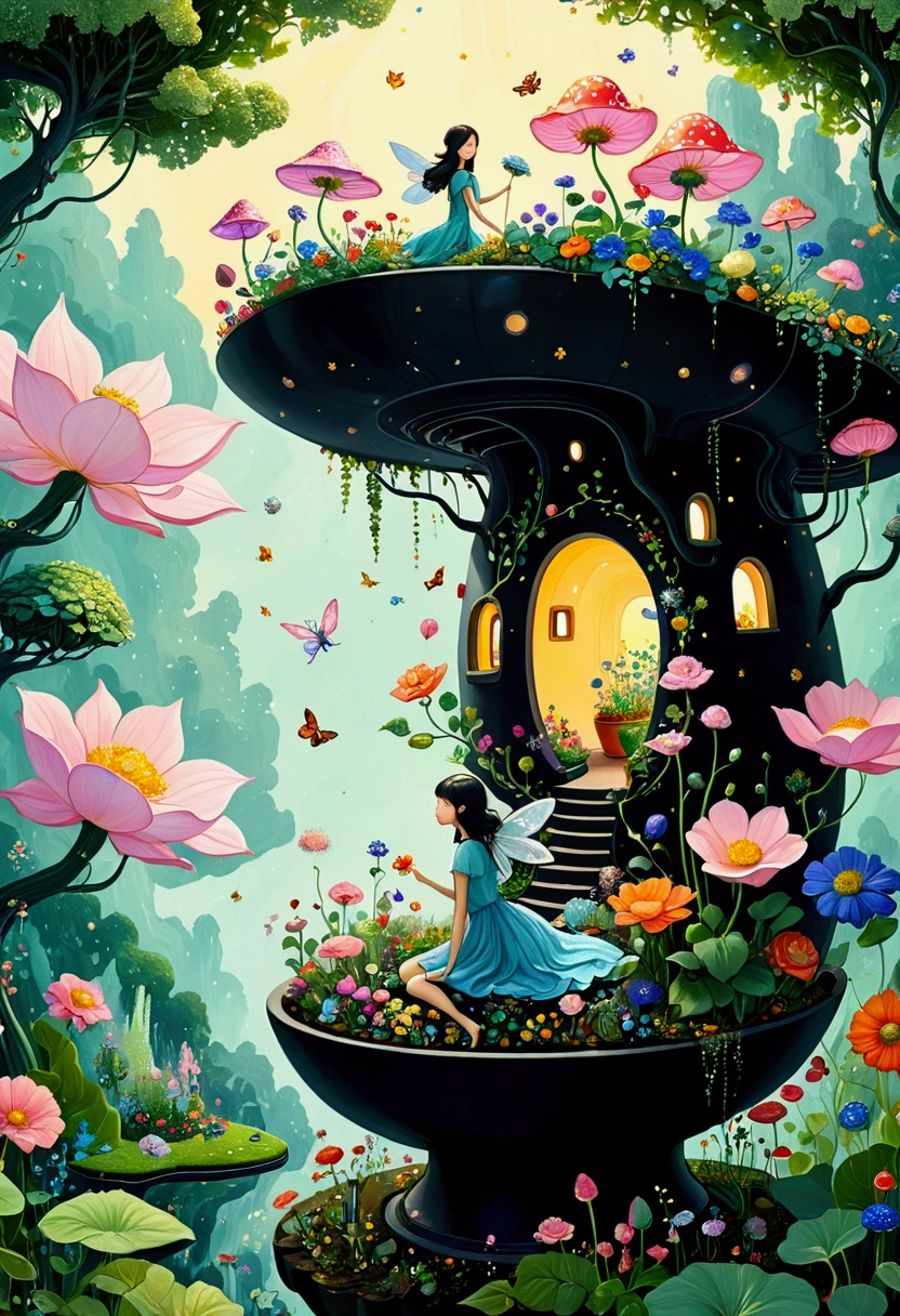 Artists from the stars,Psychedelic Art,Pointillism method,Colorful black,There is a painting,There is a fairy in a flower pot in the painting, Whimsical fantasy landscape art, A beautiful artistic illustration, 异想天开的Surrealism, Color illustrations, very surreal garden, lush garden spaceship, Shin Jin Hye Art, bloom. alta fantasia, author:Toth Wu, Affable , Wenjun Lin, Surrealism, dreamy painting of coronavirus