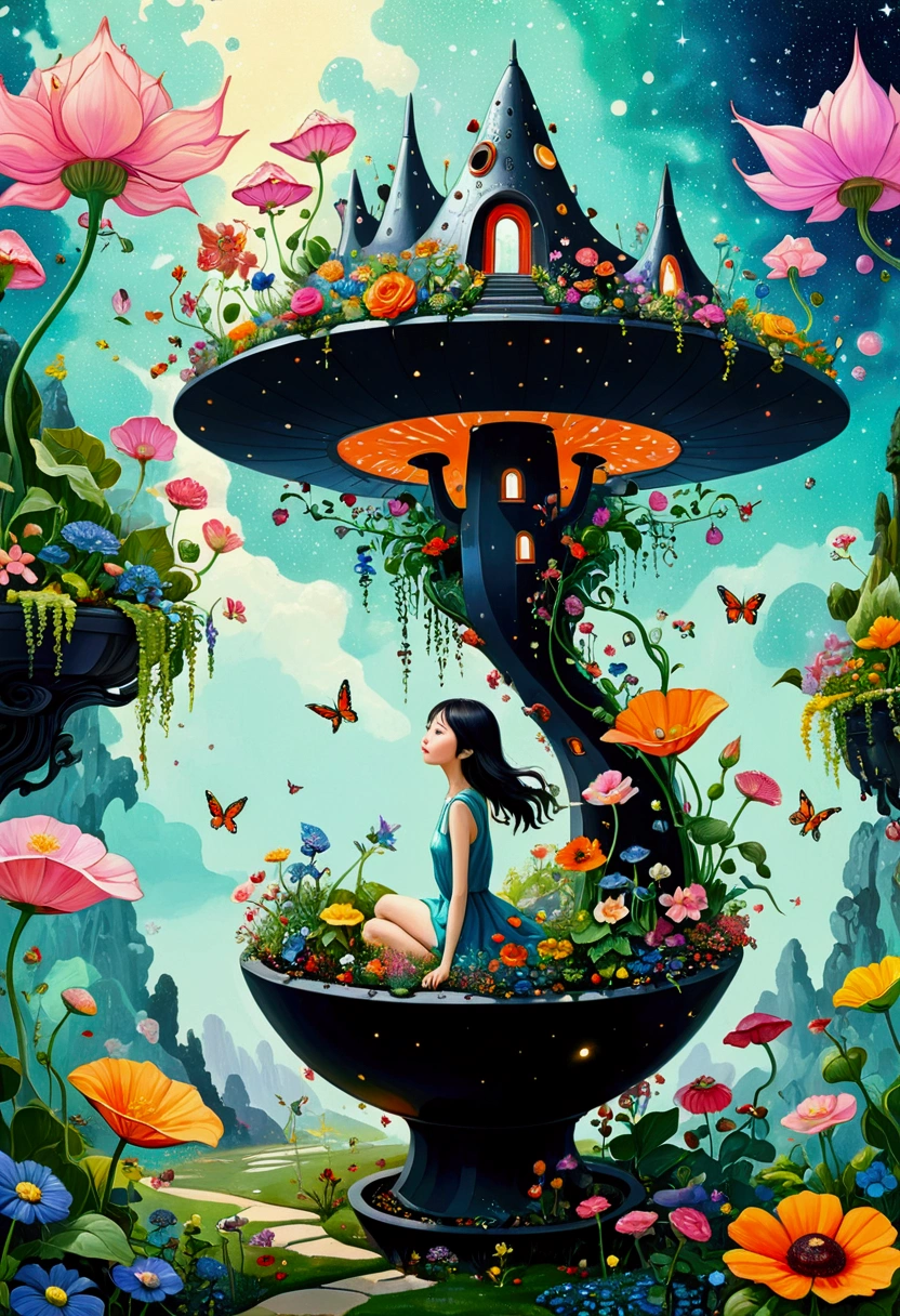 Artists from the stars，Psychedelic Art，Pointillism method，Colorful black，There is a painting，There is a fairy in a flower pot in the painting, Whimsical fantasy landscape art, A beautiful artistic illustration, 异想天开的Surrealism, Color illustrations, very surreal garden, lush garden spaceship, Shin Jin Hye Art, bloom. alta fantasia, author：Toth Wu, Affable ， Wenjun Lin, Surrealism, dreamy painting of coronavirus