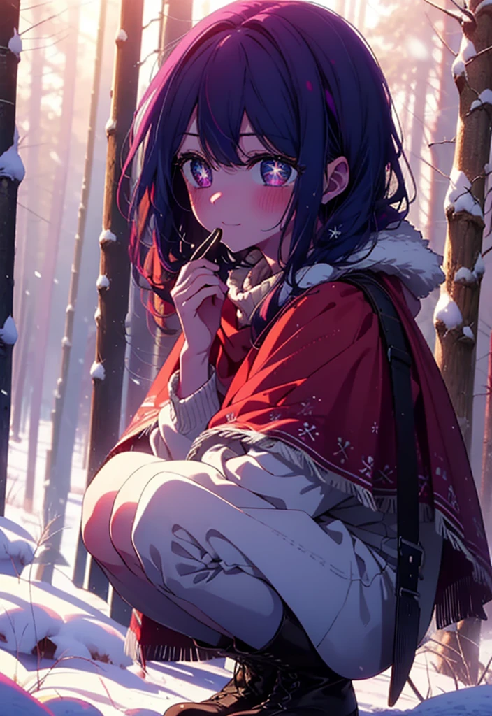 aihoshino, Ai Hoshino, Long Hair, bangs, (Purple eyes:1.1), Purple Hair, (Symbol-shaped pupil:1.5), smile,,smile,blush,white breath,
Open your mouth,snow,Ground bonfire, Outdoor, boots, snowing, From the side, wood, suitcase, Cape, Blurred, , forest, White handbag, nature, Squat, Mouth closed, Cape, winter, Written boundary depth, Black shoes, red Cape break looking at viewer, Upper Body, whole body, break Outdoor, forest, nature, break (masterpiece:1.2), Highest quality, High resolution, unity 8k wallpaper, (shape:0.8), (Beautiful and beautiful eyes:1.6), Highly detailed face, Perfect lighting, Highly detailed CG, (Perfect hands, Perfect Anatomy),