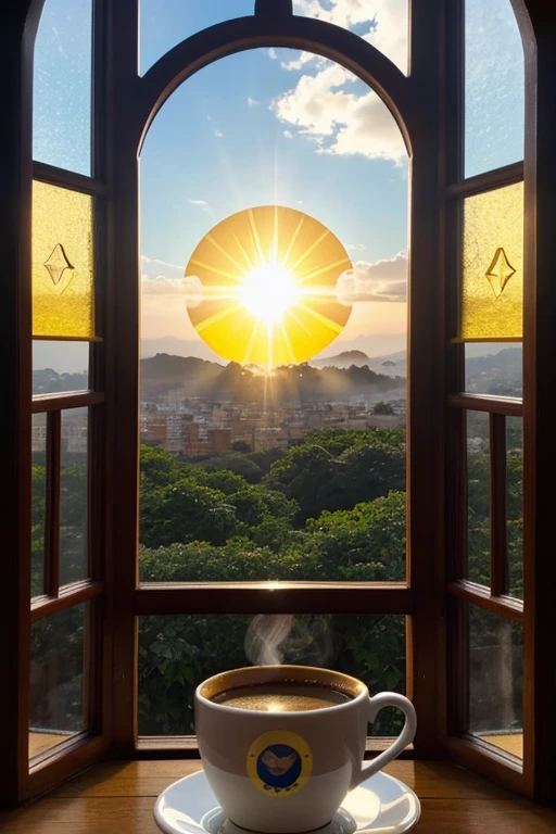 a steaming cup of coffee, The cup has the colors of the Venezuelan flag , yellow, blue and red with seven stars in the shape of an arch. is in front of a window where you can see the sun and its rays enter, it&#39;s a dawn.