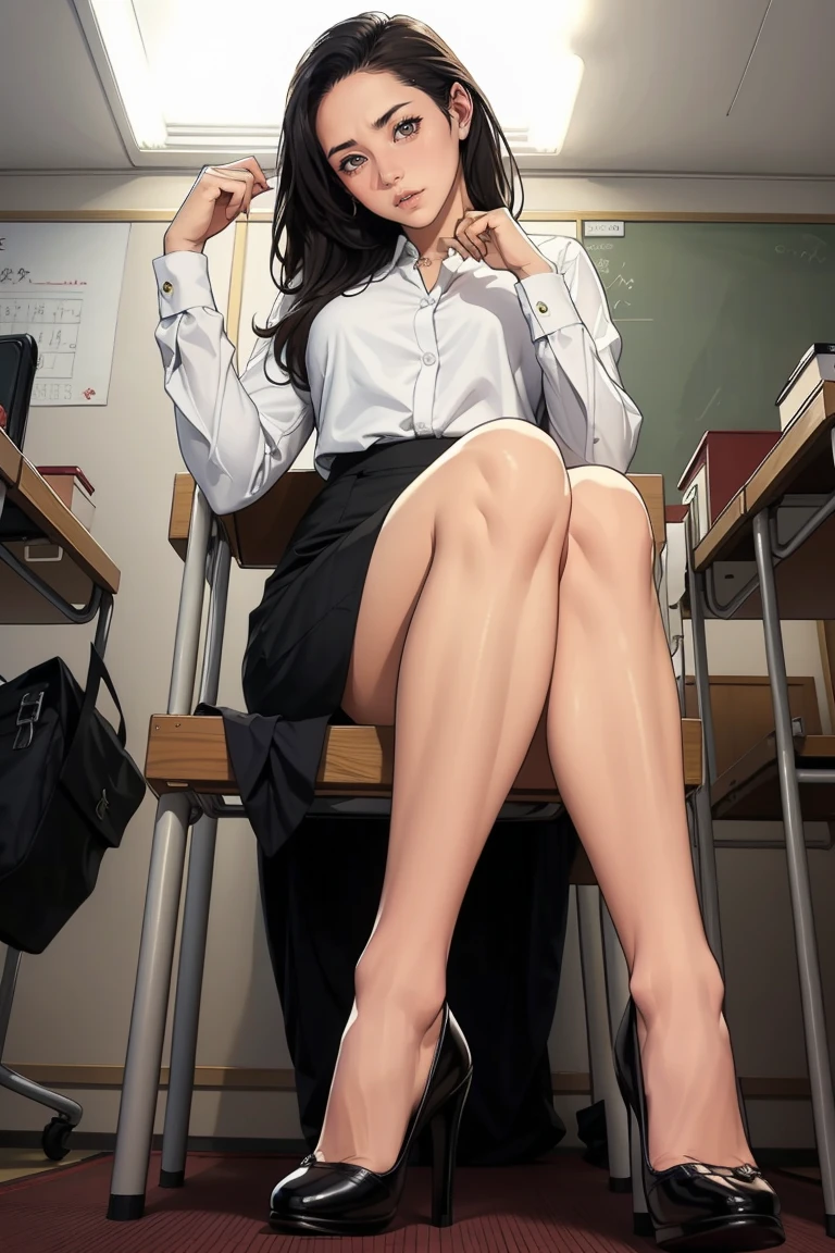 ((最high quality)), ((masterpiece)), (be familiar with) Perfect Face　mature beautiful japanese woman、Sitting in a chair, ,whole body,Crossing your legs, View your viewers,Staring sadly,High resolution,high quality, masterpiece ,Black Suit、Black tight skirt, White shirt, Black jacket,Black high heels, Black Stockings , classroom, Give her permission to lick her heels,Pulling her paws up to the camera for licking,View from below,Look at her heels, Pointing at heel,Drag your leg towards the camera,Push your feet towards the camera, High heels close-up