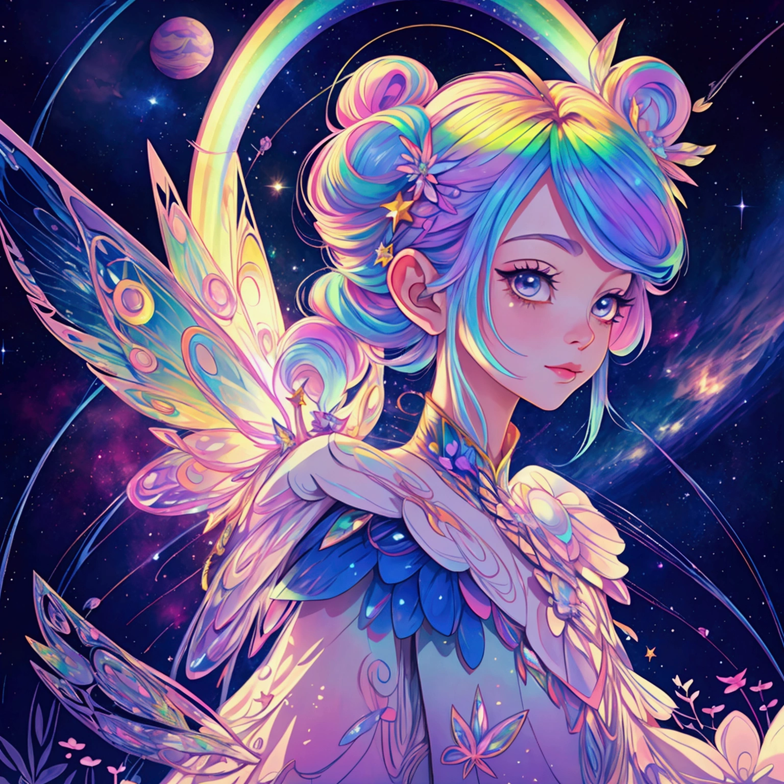 a pretty fairy with rainbow hair in a galactic rainbow universe with starry lined trails