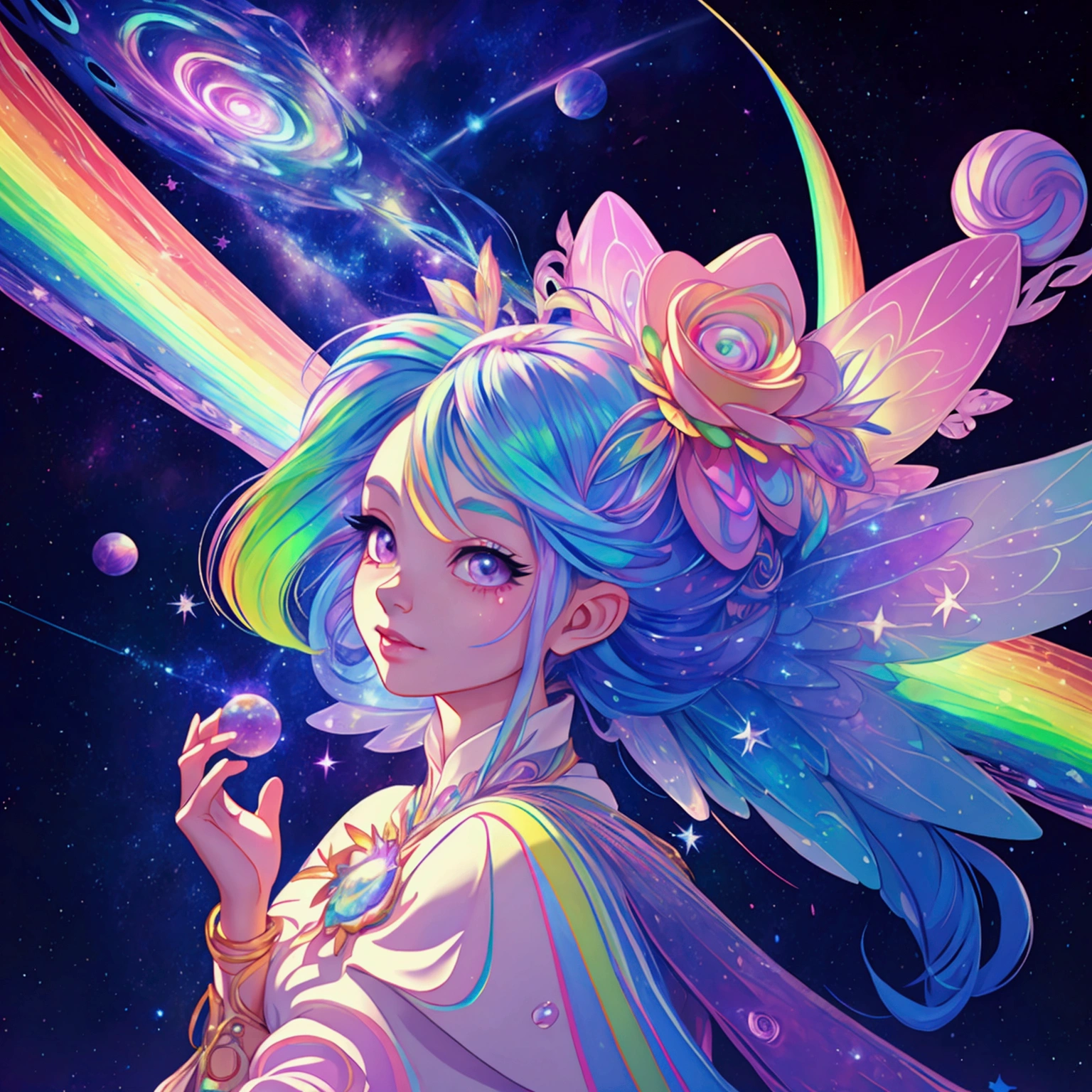 a pretty fairy with rainbow hair in a galactic rainbow universe with starry lined trails