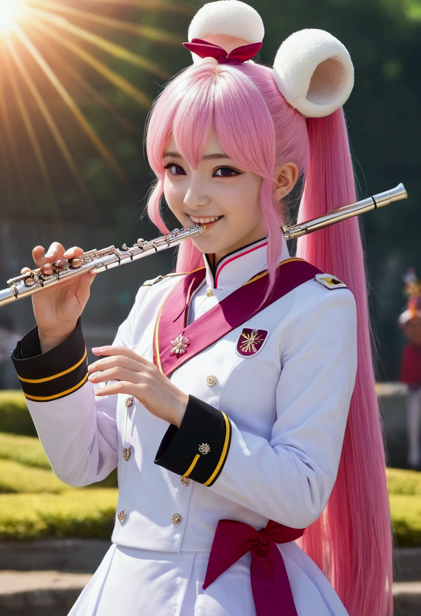 One girl,(Hair Ribbon:0.4), Pink Eyes,(((White bun hair))),(((Pink long hair))) , Sun Festival, uniform, (Mini Shako Cap:0.8),, flute, playing flute, White Seraphim, smile, Small breasts,