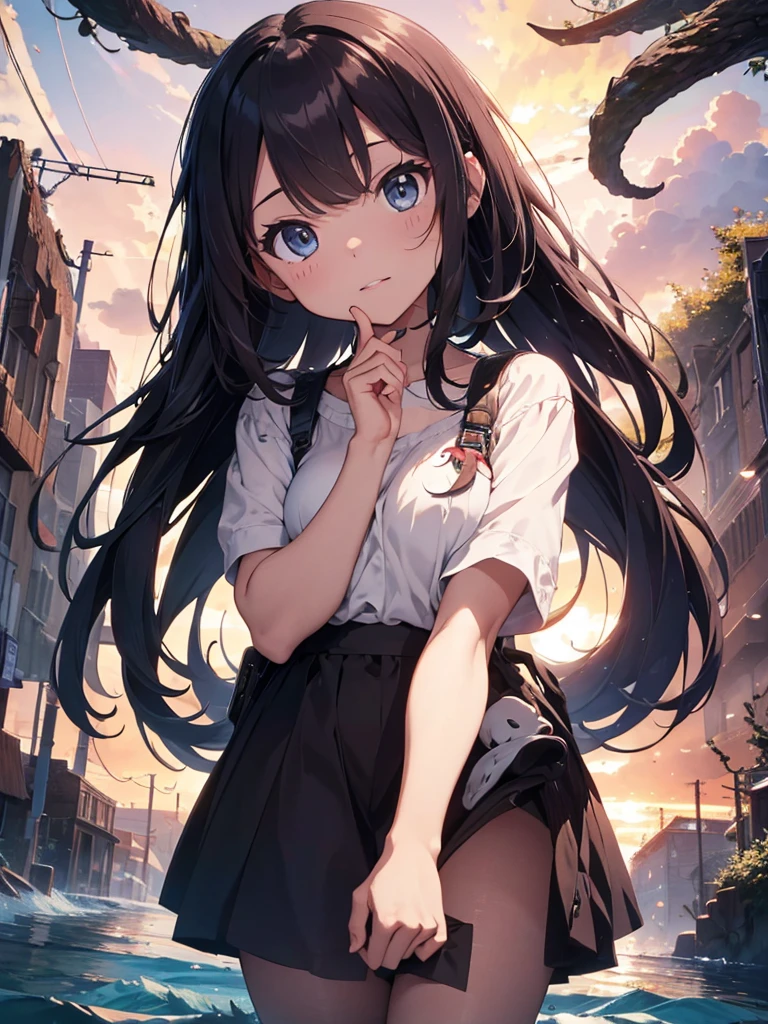very cute and beautiful girl,(Very detailed美しい顔), (smile),blush,Black Hair,Seraphim,(White Shirt、Pleated navy blue pread your legs、Squat)、Sitting、(From below)、(Lacy white panties), Country road、Distant Tree々and the city, (Highest quality,masterpiece:1.0),Absurd,High resolution,Super detailed,Very detailed,32K,8k resolution, Intricate details,Movie Scenes,Detailed Background,alone,Dynamic Angle,