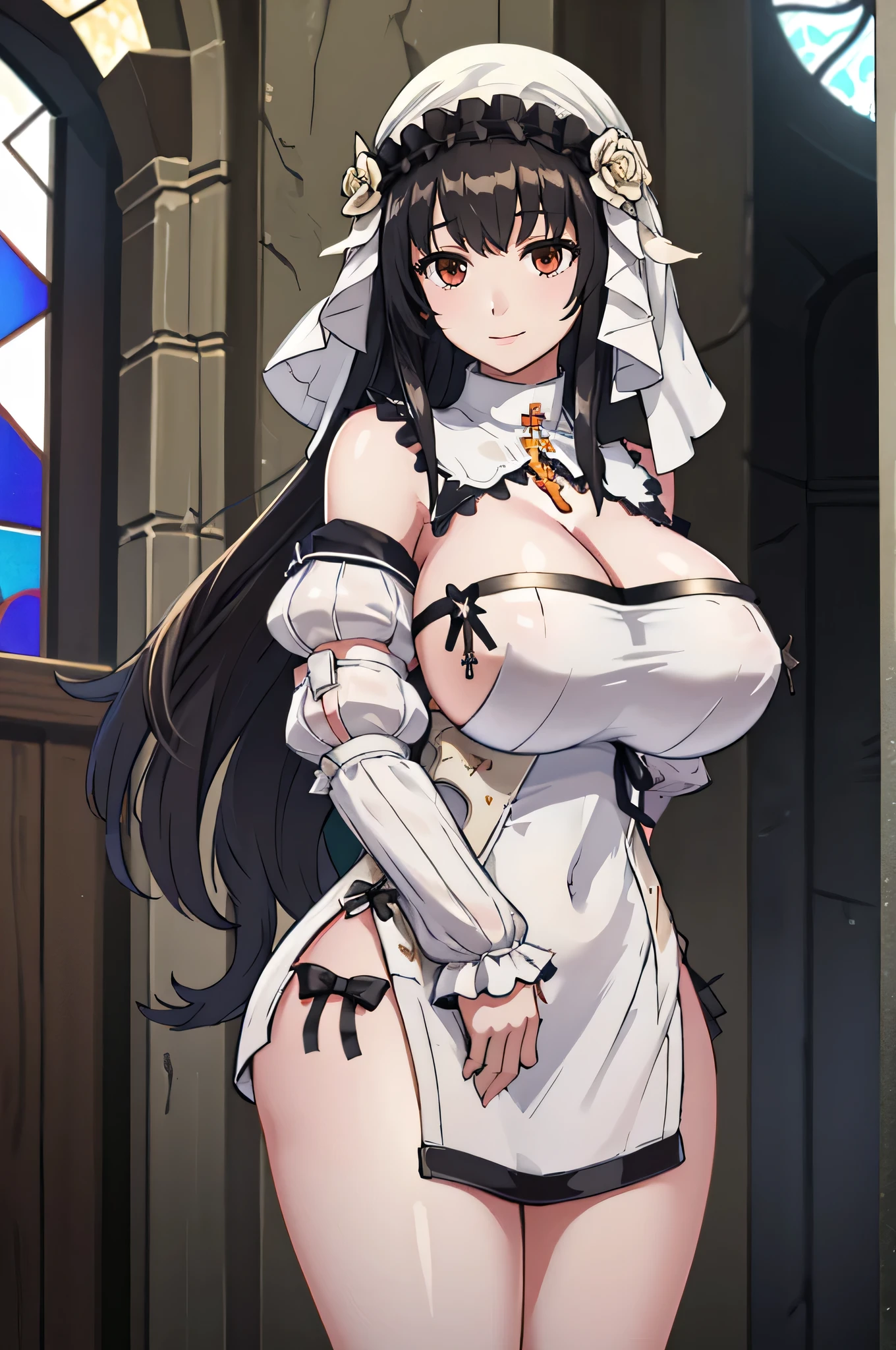 masterpiece, Highest quality, Labianu, Twin Blade, Veil, Detachable collar, Cross Necklace, Cleavage, White Dress, Removable sleeves, White sleeves, Huge breasts, church, Stained glass, Are standing, smile, View your viewers, tired