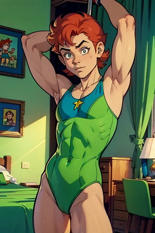 a redhead cartoon character dressed in a green leotard, pole dancing, very muscular, a young male wizard, 1980s cartoon, animated episode still, ((Bedroom)), Presto (((mad)))