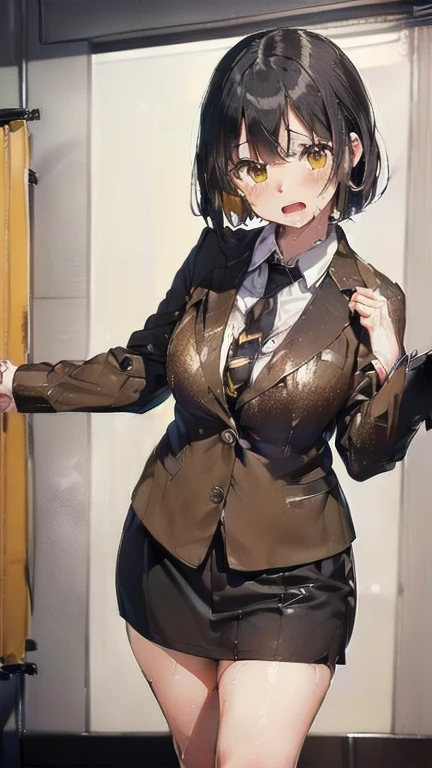 master-piece, hyper quality, hyper detailed, perfect drawing, solo, beauty, bountiful breasts, fluffy breasts, H cup bust, bust up, bulging bust top, h, hentai, blush, sweat, moist eyes, detailed drawing, accurate drawing, police officer, vest, uniform, special, glasses, brown tanned skin, slender eyes, Long eyelashes, cheeky smile