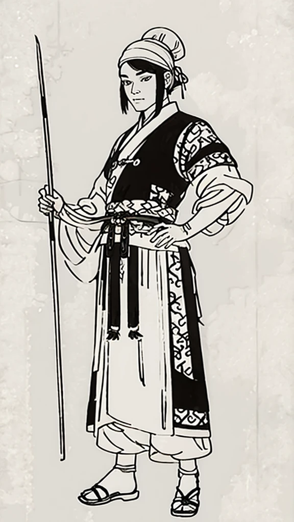 (((Monochrome)))、(((Ink Painting)))、((ancient china、Handsome young man with a bun and a white swimming cap))、Have a long stick、Hands on hips、Line art、Oriental、Ultra-high resolution、Game Poster、Crisp and beautiful image quality、whole body ,(ancient china鎧, Dragon head on shoulder, (ancient china鎧 with intricate pattern:1.2), gloves, Long trousers, (Very detailed, bloom:1.5), (Highest quality, Concept Art, 4K), (analog:1.2), (high sharpness), (Detailed pupil:1.1), Detailed face and eyes, masterpiece, Highest quality,8k, (Black Hair, Dynamic Short Hair), (PurerosFace_v1:0.2), [:(Detailed face:1.2):0.2], sharp, Realistic Shadows,  