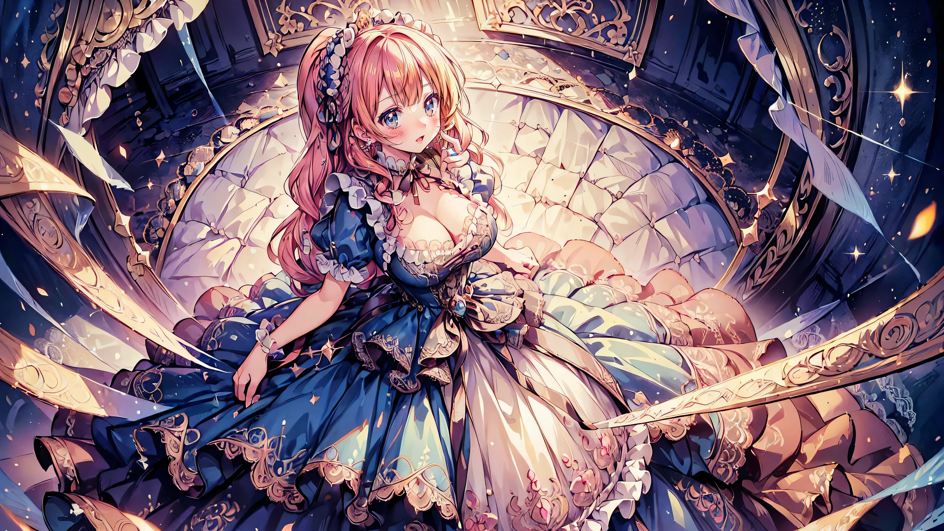 ((Superbly detailed drawing, ultra detailed, exquisite quality, absolutely resolution)), (((young face solo princess))), (((Unsurpassed gorgeous rococo victorian gown with voluminous huge hoopskirt and long hems, princess style skirt:1.5))), ((transparency gown, fluffy and full of pleats skirt:1.3)), (Super detailed and intricate exquisite design gown:1.5), ((overwhelming amount many ruffles with ribbons with intricate lace with Super detailed and intricate embroidery gown:1.9)), ((huge breasts, breasts cleavage)), (ponytail, fluffy long Expressive, hair pink hair), super voluminous long hair, hair ornament tiara, embarrassed, (((curtsey:2))), (blurry background, depth of field:1.5), super detailed skin, super delicate and beautiful face, (eyes blue eyes), (backlighting, particle effect, caustics), (((sharp focus))), ((lot's of colorful flowers, in fog forest:1.5)), (fisheye lens:1.2), (very wide shot, magnificent panorama view, dynamic angle:1.5), ((full body)), (looking viewer, looking up, from above, from front:1.5), 