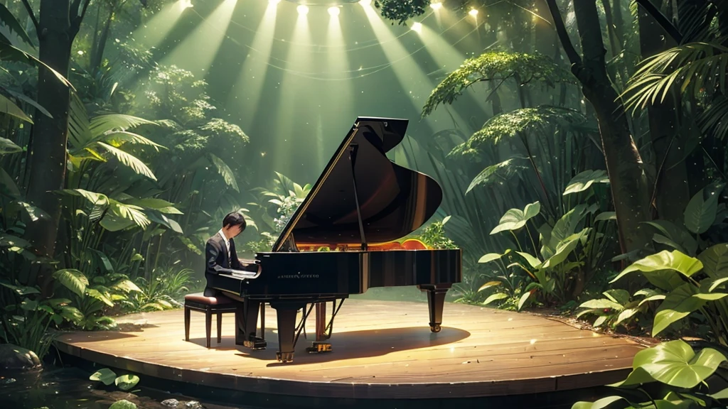 A Shineing white piano，no characters needed，forest，Tall tree々, the Highest quality,  Best reflection ever. (Very detailedCG統合8k壁紙), (Highest quality), (Best illustrations), (Best Shadow), forest theme with Natural elements.   small Shineing mushrooms surrounded by delicate leaf and branch, with ホタル and Shineing Particle Effects,, (Natural elements), (Jungle theme), (leaf), (branch),(delicate leaf), (Shine), (Particle Effects). , Isometric 3D, Octane Rendering, Ray Tracing, Very detailed、There is a grand piano sitting there.