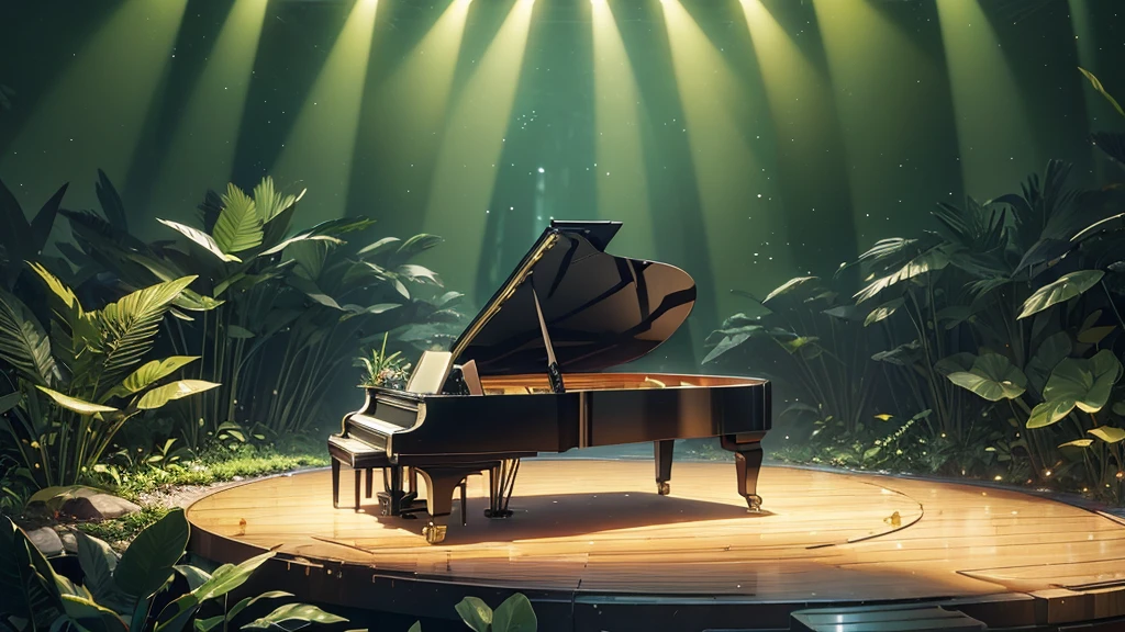 A Shineing white piano,no characters needed,forest,Tall tree々, the Highest quality, Best reflection ever. (Very detailedCG統合8k壁紙), (Highest quality), (Best illustrations), (Best Shadow), forest theme with Natural elements. small Shineing mushrooms surrounded by delicate leaf and branch, with ホタル and Shineing Particle Effects,, (Natural elements), (Jungle theme), (leaf), (branch),(delicate leaf), (Shine), (Particle Effects). , Isometric 3D, Octane Rendering, Ray Tracing, Very detailed、There is a grand piano sitting there.