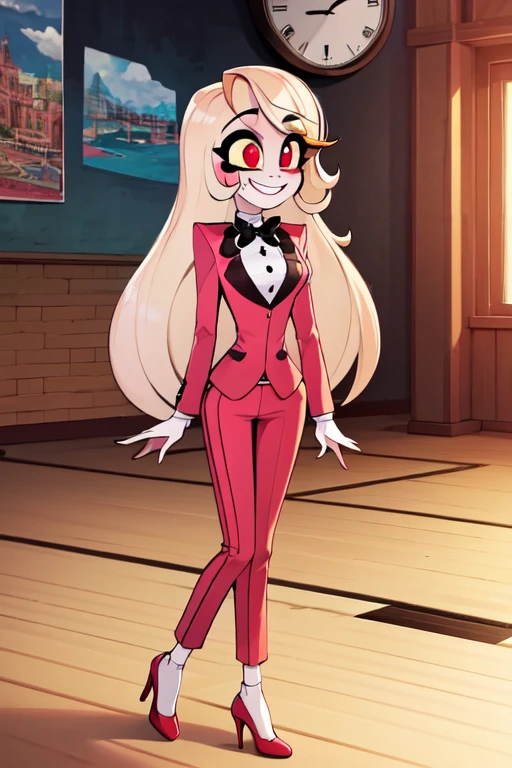 ((best quality)), ((highly detailed)), masterpiece, absurdres, (detailed eyes, deep eyes), (1girl), full body, very wide shot, charlie morningstar, blonde hair, very long hair, red eyes, (colored sclera), medium breasts, smiling, red jacket, black bowtie, black pants, high heels, white footwear, (indoors, in a gymnasium)