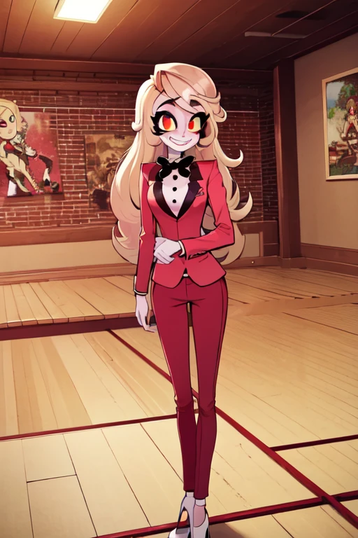 ((best quality)), ((highly detailed)), masterpiece, absurdres, (detailed eyes, deep eyes), (1girl), full body, very wide shot, charlie morningstar, blonde hair, very long hair, red eyes, (colored sclera), medium breasts, smiling, red jacket, black bowtie, black pants, high heels, white footwear, (indoors, in a gymnasium)