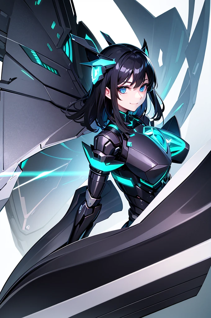 Black Hair、Emerald-colored mesh in the hair、Medium Hair、Blue Eyes、Robot Girl、Arms are mechanical、Legs are mechanical、Modest chest、The mechanical wings are floating、Cute smile、Human-like appearance、Extremely exposed、I can see your belly button、The body line is clear、A place rich in nature、I'm trying to hold you