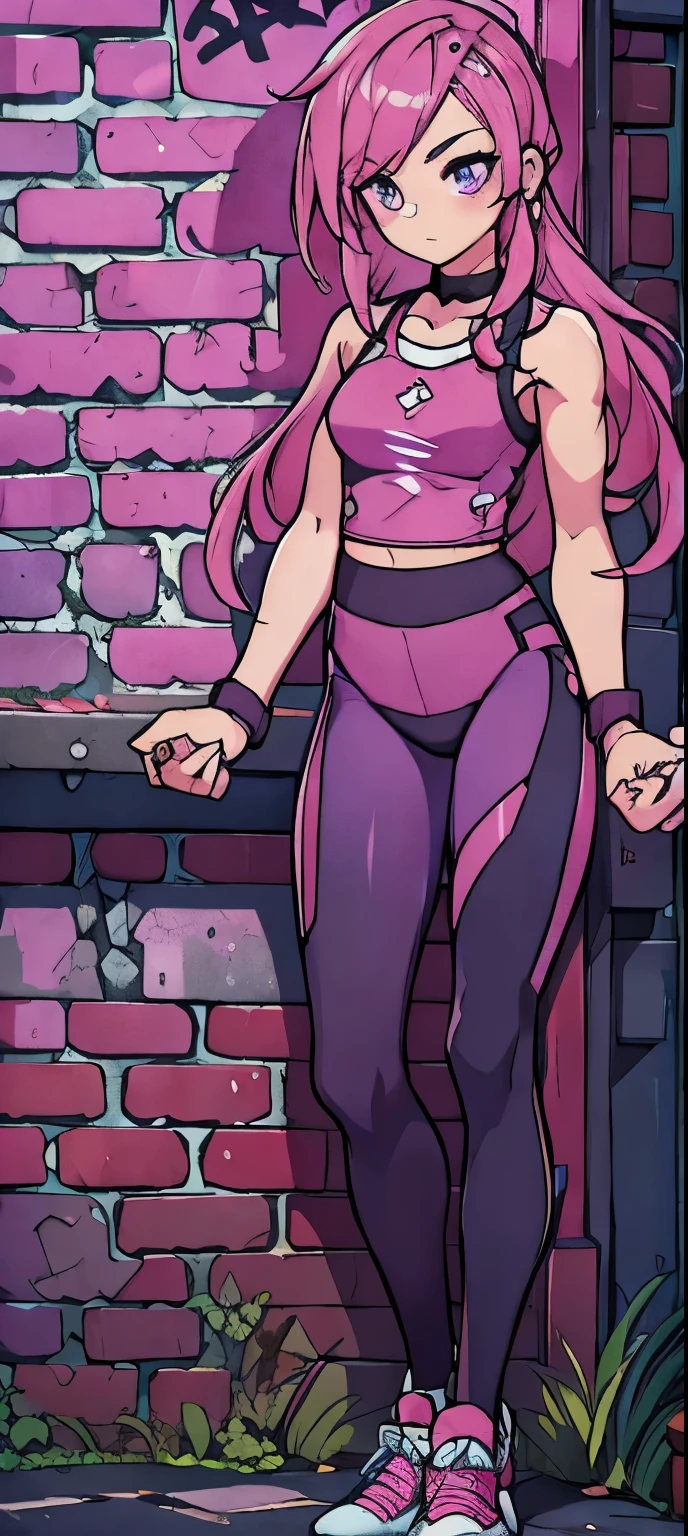 (masterpiece, best quality, 1girl, solo, intricate details, chromatic aberration), realistic, ((medium breath)),long hair, pink hair, red head ornament, pink highlights, hair over one eye,purple eyes, earrings, sharp eyes, choker, neon shirt, open jacket, crop top, (symmetry eyes),(perfect symmetrical body),against wall, brick wall, graffiti, dim lighting, alley ,look at viewer, woman at a gym, cute, front Pose, fitness girl, standing, erect Pose, symetrical, fitness model, skinny, Red sneakers, best qualityer, relaxed arms, hands down, ankle, fullbody view, stand straight with your back upright. Keep your shoulders back and maintain a straight line from your head to your feet, symmetrical frontal view, face aligned, 