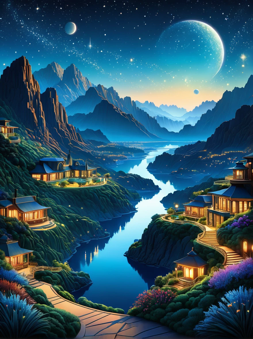 Stardust Dreamy Night by Al Williamson,(Panorama , Art style - Art Deco、very beautiful:1.4),(Intricate details, masterpiece, Highest quality:1.4),
Terragen,Beautiful spectacular landscape,Spectacular views,Terragen,View your viewers,