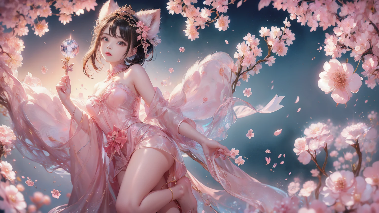 a small kitten with light pink fur and a furry tail wearing a tiara of golden flowers amidst cherry blossoms, lookig at camera, with a sexy look, wet lips