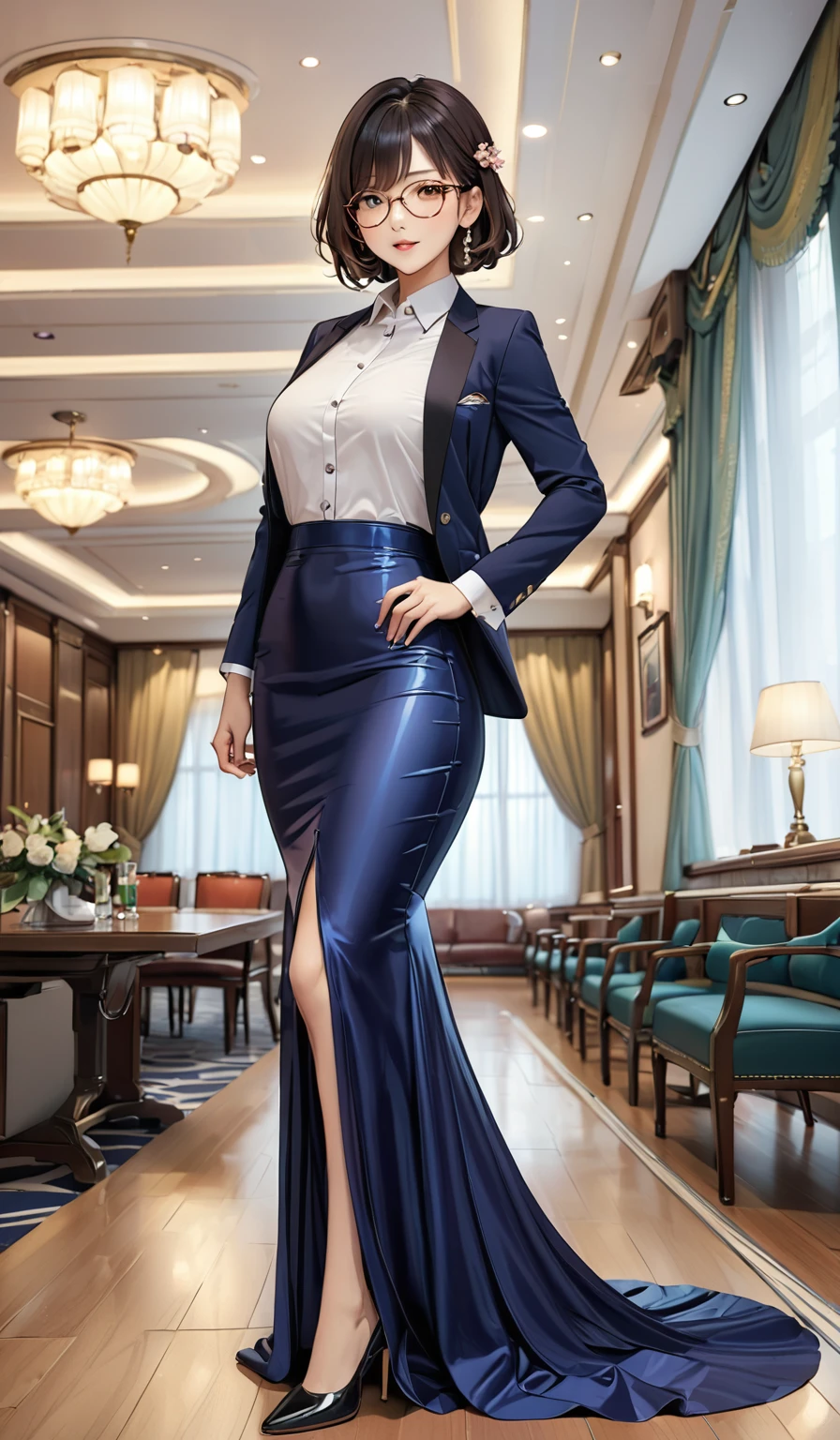 (masterpiece,highest quality,超A high resolution),japanaese girl with short hair (((Very beautiful 35 year old girl))), pretty woman, a woman in the mermaid long train skirt,the skirt is very long, full body, wear sexy blazer, wear apron,wear sexy blouse, wear glasses,long satin, flowy dramatic long skirt,body height 165, presentation,in meating room, wear high heels,  masterpice  (Shiny long train dress mermaid-style long skirt )