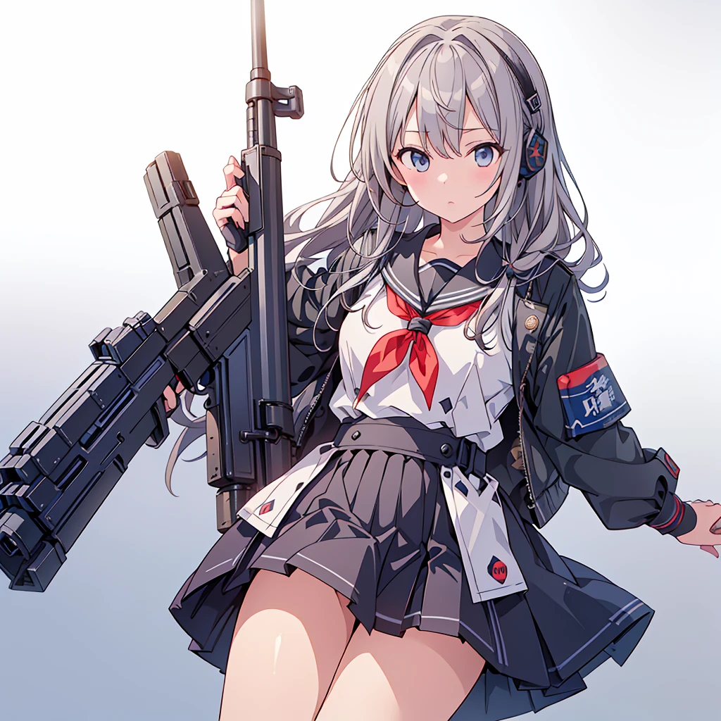 1girl、(((Highest quality、Masterpiece、Official Art、The best dynamic composition、Super detailed)))、Sniper high school girl、Black Sailor Suit、Anime Style、Creative outfits、、Unique and original hairstyle、 holding_gun、QBU10,体を伏せてgunをかまえサイトを覗きこんでいる、To the audience、White Background, Holding, Holding 武器, gun, Holding gun, Armband, rifle, Grey Skirt, headset, assault rifle, grey gloves, 