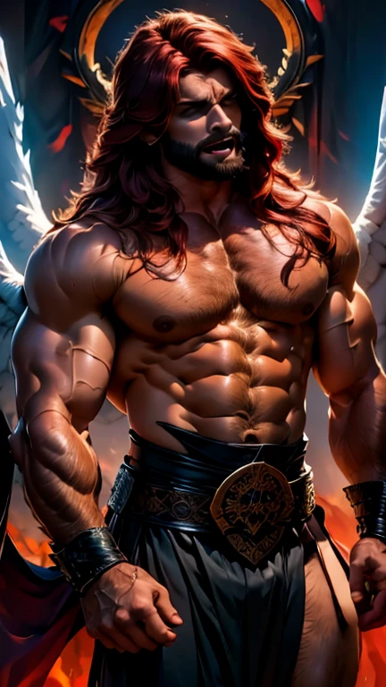 Beautiful strong and muscular warrior angel with long silky red hair screaming in pain as he is corrupted by dark purple evil flames, surrounded by black runes and kanji covering his skin