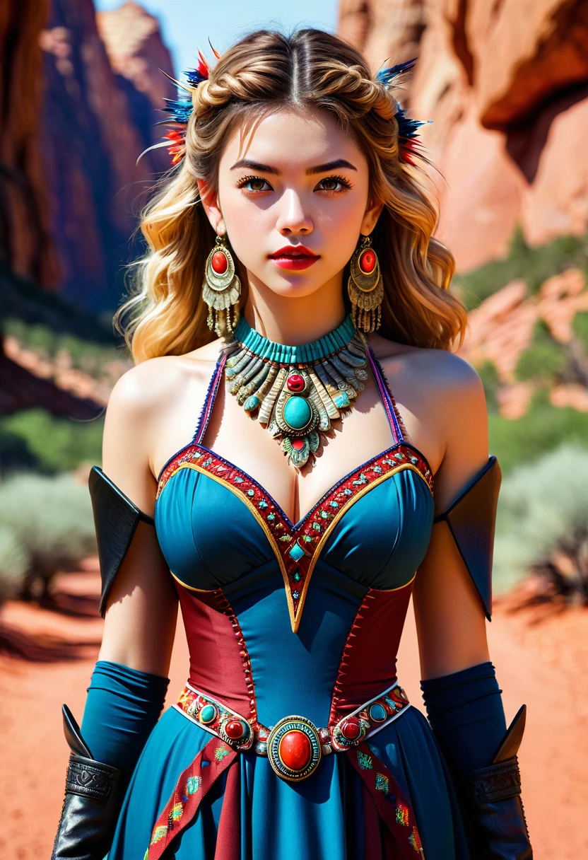 Beautiful boho women stunning merge of Masiela Lusha with colorful southwestern style dress. colorful southwestern earing and. jewelry, blond colored hair that is coarse, wiry, and tightly curled. It often has a rough texture, feels stiff to the touch, and may be prone to frizz and tangling. The curls can be densely packed. The Official Art – An Award-Winning Digital Masterpiece In 4K Ultra HD, Extreme Detail And Intricate Realism. symmetrical face. This Concept Art Brought To Life By The Hands Of Artists Like Wlop & Artgerm In A Stunning 2D Vector Illustration. large, perky, full, vuluptious, symmetrical and spherical breasts. Background is a beautiful panoramic vista of a red rock canyon.
