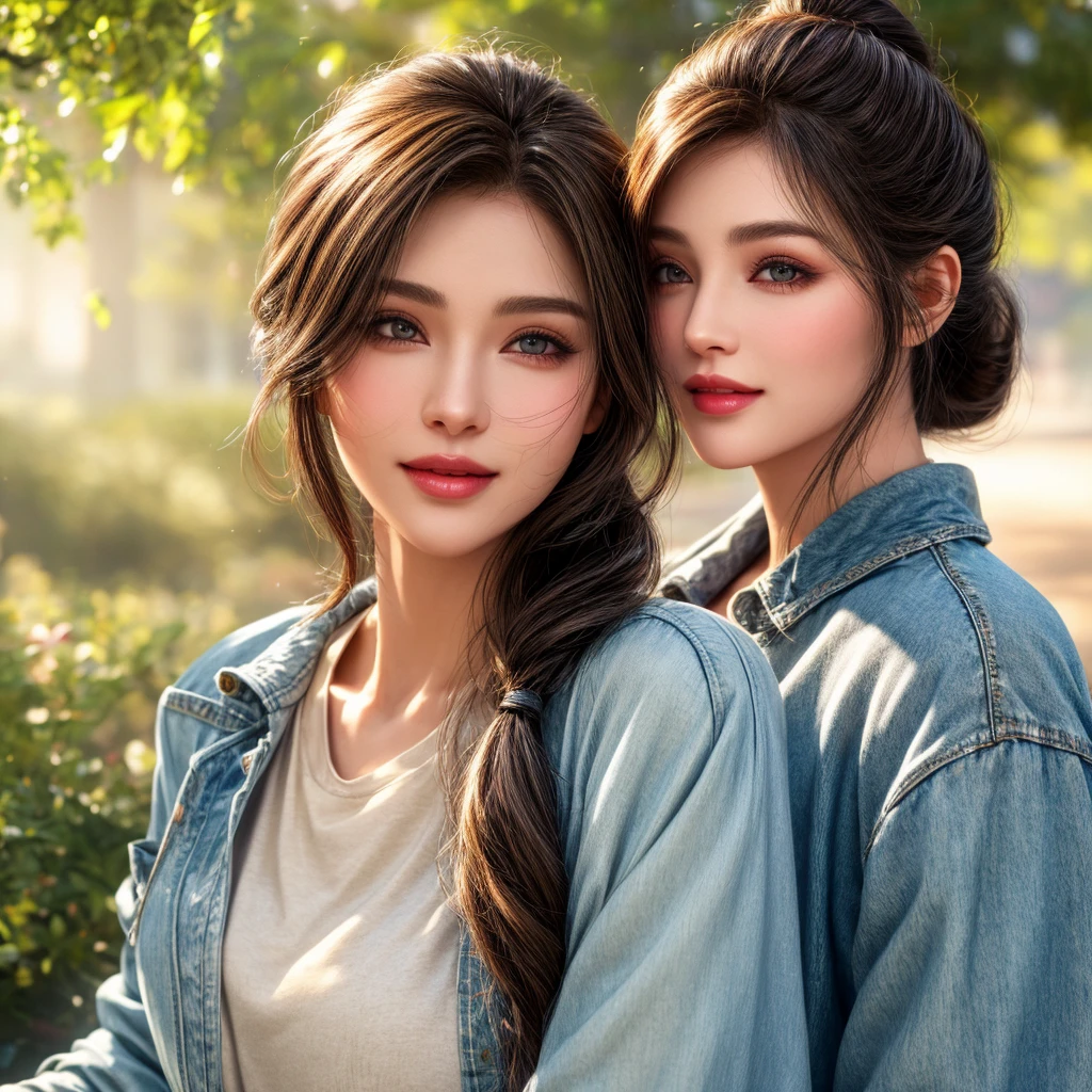 beautiful young woman, casual outfit, medium length ponytail hair, detailed face, alluring eyes, full lips, large bust, t-shirt, denim jacket, outdoor date setting, soft lighting, warm colors, best quality, 4k, 8k, highres, masterpiece, ultra-detailed, realistic, photorealistic, photo-realistic, cinematic, beautiful detailed eyes, beautiful detailed lips, extremely detailed face and eyes, long eyelashes, intricate clothing textures, elegant posing, warm smile, romantic atmosphere