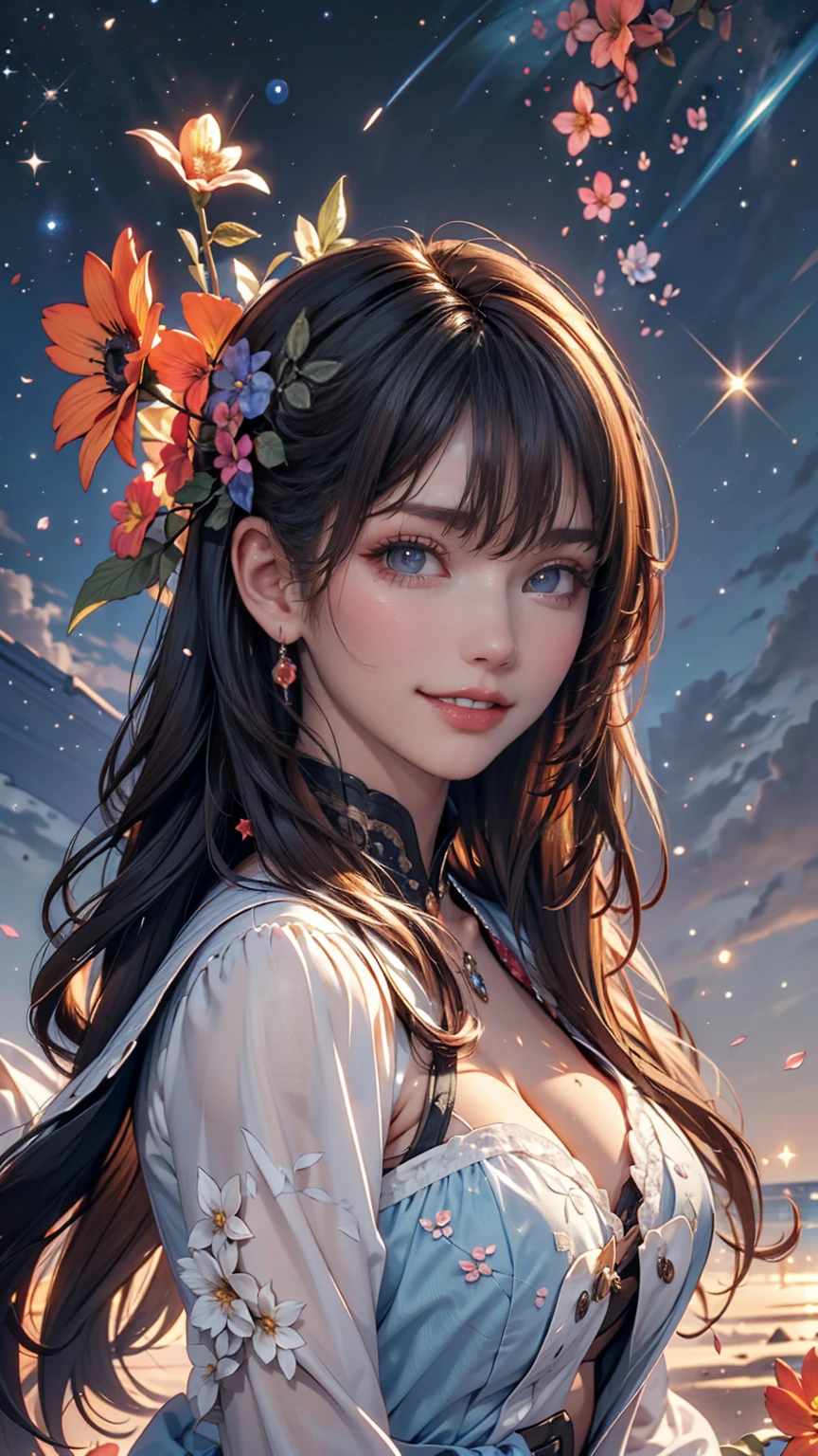 (Highest quality, masterpiece), One girl, Pause, particle, Wind, flower, Upper Body, Simple Background, View your viewers, Black and messy hair, Cosmic, nebula, Milky Way、smile、Top view