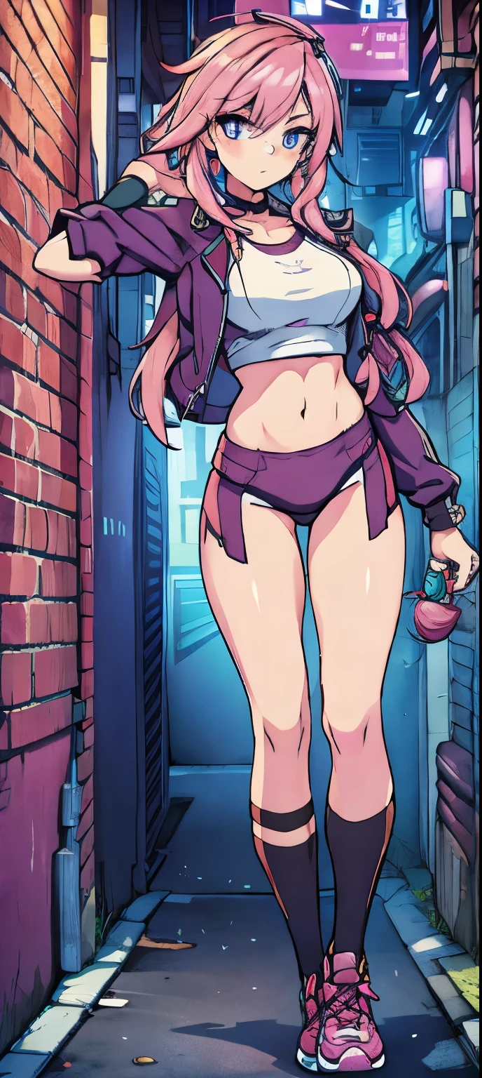 (masterpiece, best quality, 1girl, solo, intricate details, chromatic aberration), realistic, ((medium breath)),long hair, pink hair, red head ornament, pink highlights, hair over one eye,purple eyes, earrings, sharp eyes, choker, neon shirt, open jacket, crop top, (symmetry eyes),(perfect symmetrical body),against wall, brick wall, graffiti, dim lighting, alley ,look at viewer, woman at a gym, cute, front Pose, fitness girl, standing, erect Pose, symetrical, fitness model, skinny, Red sneakers, best qualityer, relaxed arms, hands down, ankle, fullbody view, stand straight with your back upright. Keep your shoulders back and maintain a straight line from your head to your feet, symmetrical frontal view, face aligned, 