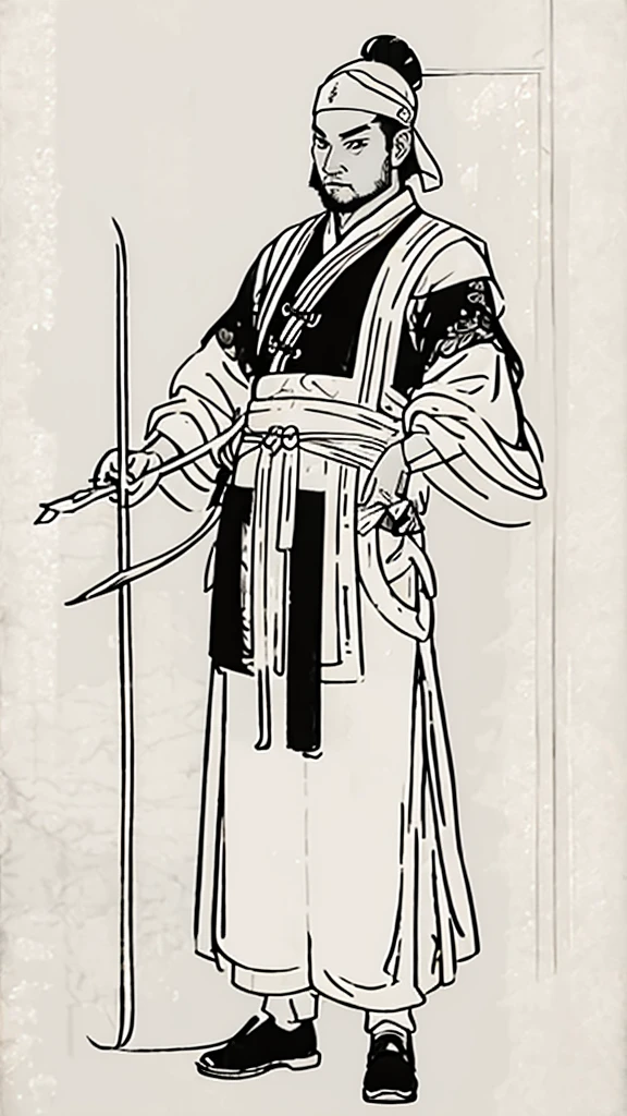 (((Monochrome)))、(((Ink Painting)))、((ancient china、Handsome young man with a bun and a white swimming cap))、Have a long gun、Hands on hips、Line art、Oriental、Ultra-high resolution、Game Poster、Crisp and beautiful image quality、whole body ,(ancient china鎧, Dragon head on shoulder, (ancient china鎧 with intricate pattern:1.2), gloves, Long trousers, (Very detailed, bloom:1.5), (Highest quality, Concept Art, 4K), (analog:1.2), (high sharpness), (Detailed pupil:1.1), Detailed face and eyes, masterpiece, Highest quality,8k, (Black Hair, Dynamic Short Hair), (PurerosFace_v1:0.2), [:(Detailed face:1.2):0.2], sharp, Realistic Shadows,  
