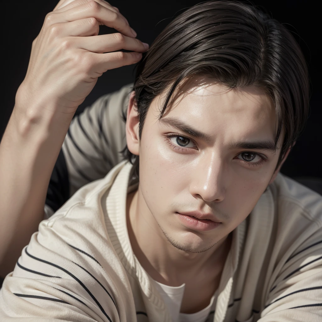 Man with a slightly thin face and body, slanted eyes, with a loose-fitting black and white striped shirt, beige bermudas, make it look realistic, that the details are noticeable on the face and especially in the hair, high resolution image