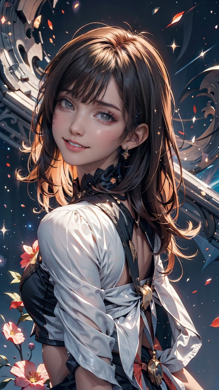 (Highest quality, masterpiece), One girl, Pause, particle, Wind, flower, Upper Body, Simple Background, View your viewers, Black and messy hair, Cosmic, nebula, Milky Way、smile、Top view