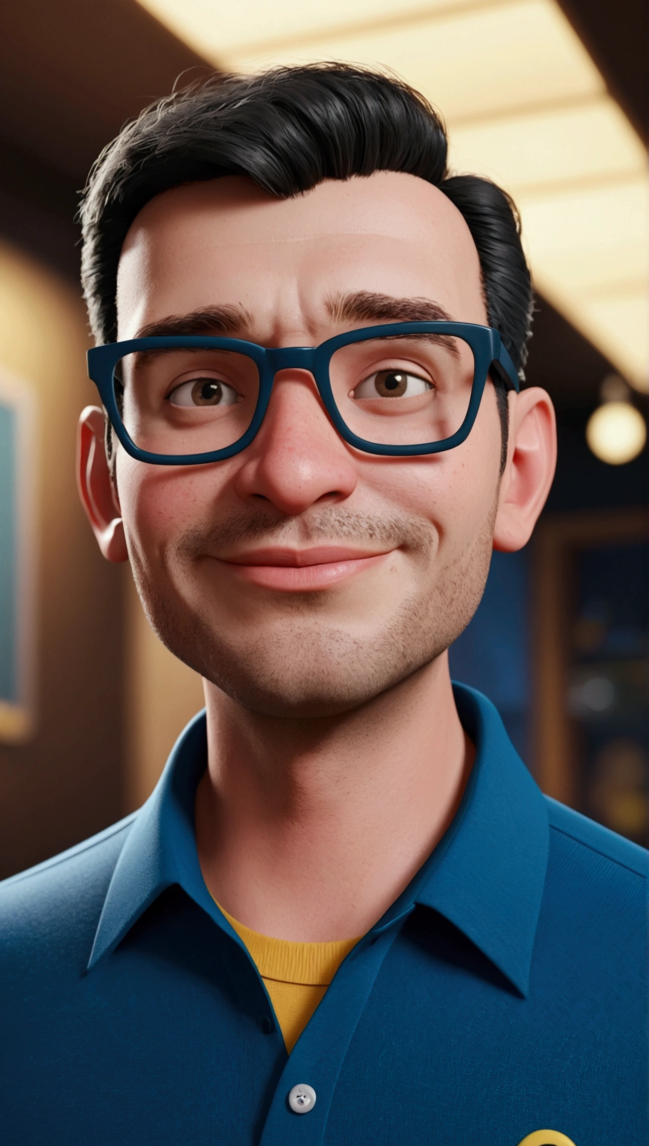 Cartoon character of a man in black glasses and blue shirt, animation character, stylized character, animation style rendering, 3d stylized, Arnold Maya rendering, Stylized 3D rendering, toon render screenshot, 3d character, 3d character, Stylized 3D rendering, 3D character rendering, cartoon character, Personagem de close up, character posing, (Pixar-style) (master part:1.2) (bokeh) (best qualityer) (skin detailed) (detailed texture) (8k) (Argilla) (cinematic lighting) (sharp focus