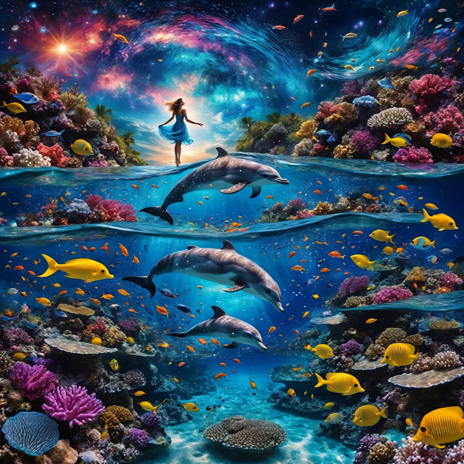 This image is、Dazzling coral reefs mingle with countless sparkling fish.、It depicts a fairy-tale underwater scene.。. A graceful woman swims in a vibrant ecosystem, Surrounded by a symphony of color and aquatic life. above water, big, Mysterious eyes emerge from swirling cosmic waves, Creates a striking contrast. Majestic dolphins leaping through the stars, Where the night sky and the sea merge, Sparkling galaxies dot the sky. The whole scene is filled with a dreamy and magical atmosphere., Every element evokes a fantastic and wonderful universe., Full of mystery and surprises.)Bokeh,Ice and water, Are you okay,Very detailed