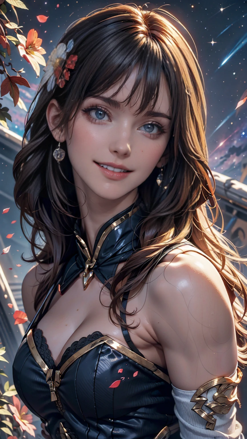 (Highest quality, masterpiece), One girl, Pause, particle, Wind, flower, Upper Body, Simple Background, View your viewers, Black and messy hair, Cosmic, nebula, Milky Way、smile、Top view