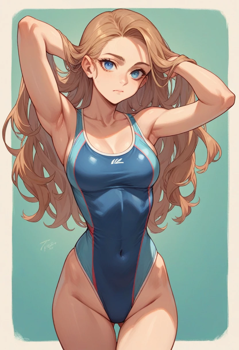 1 fille, high quality, Fine details, Longhaire, brown-hair, tetas grandes, closed mouth, blue eye, in an ultra realistic swimsuit