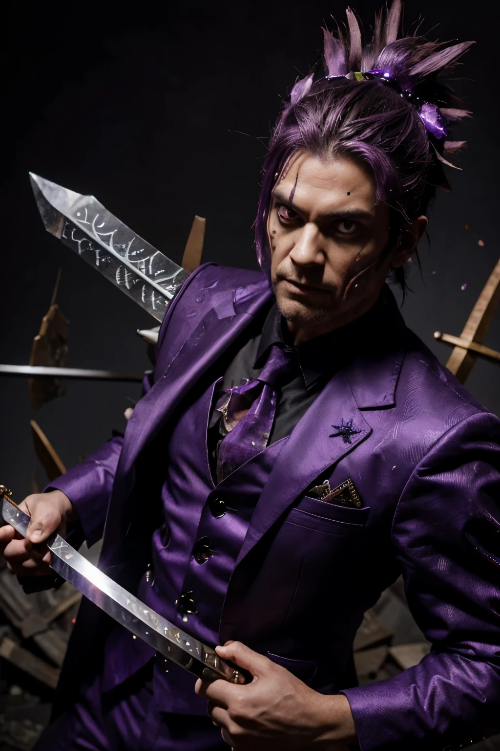 Zombie nemesis final boss, with amethyst head inlaid with purple crystals, He wears a dark suit with a spear and weapons, He has a katana and is an imposing enemy