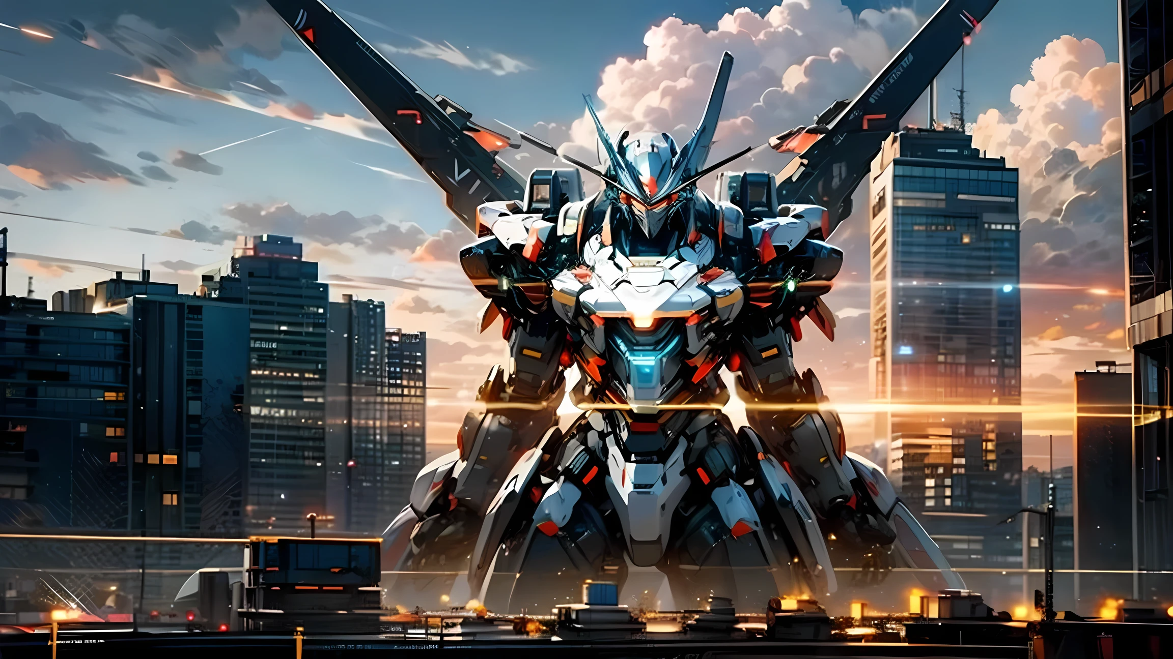 sky, cloud, Holding_weapon, number_human, glow, , robot, building, glow_eyes, Mecha, science_novel, city, realistic,Mecha