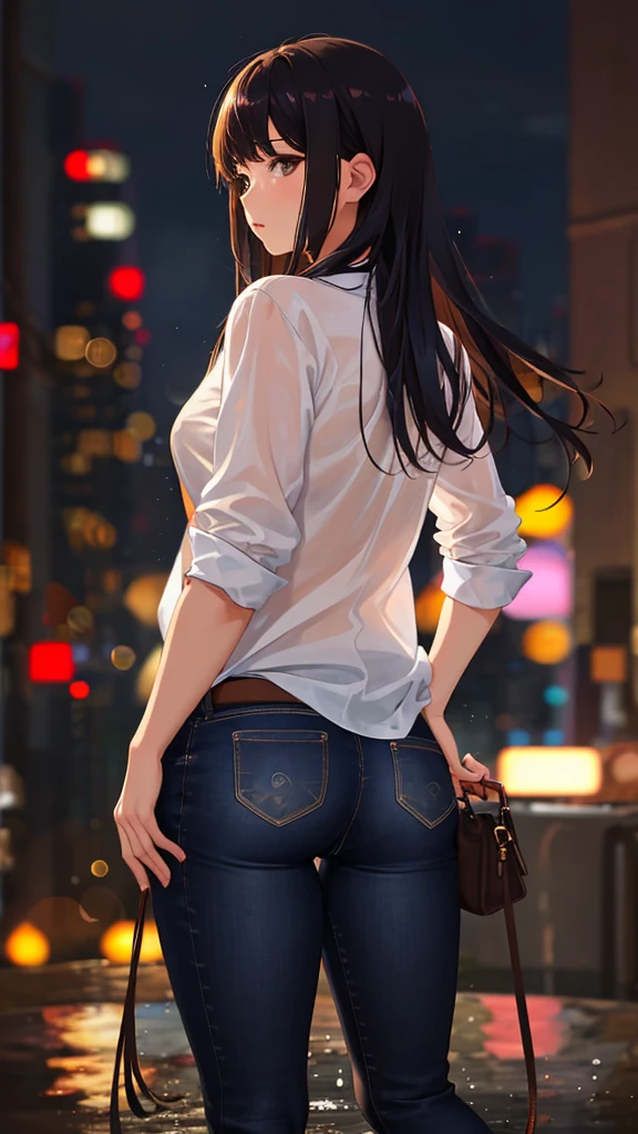 1girl, from behind, pants pull, pussy, bangs, bokeh, looking away, shirt, blouse, shiny skin, masterpiece, best quality, ultra quality, high quality, realistic, photo realistic, RAW photo, hyper detailed, intricate detailed, night, rain,